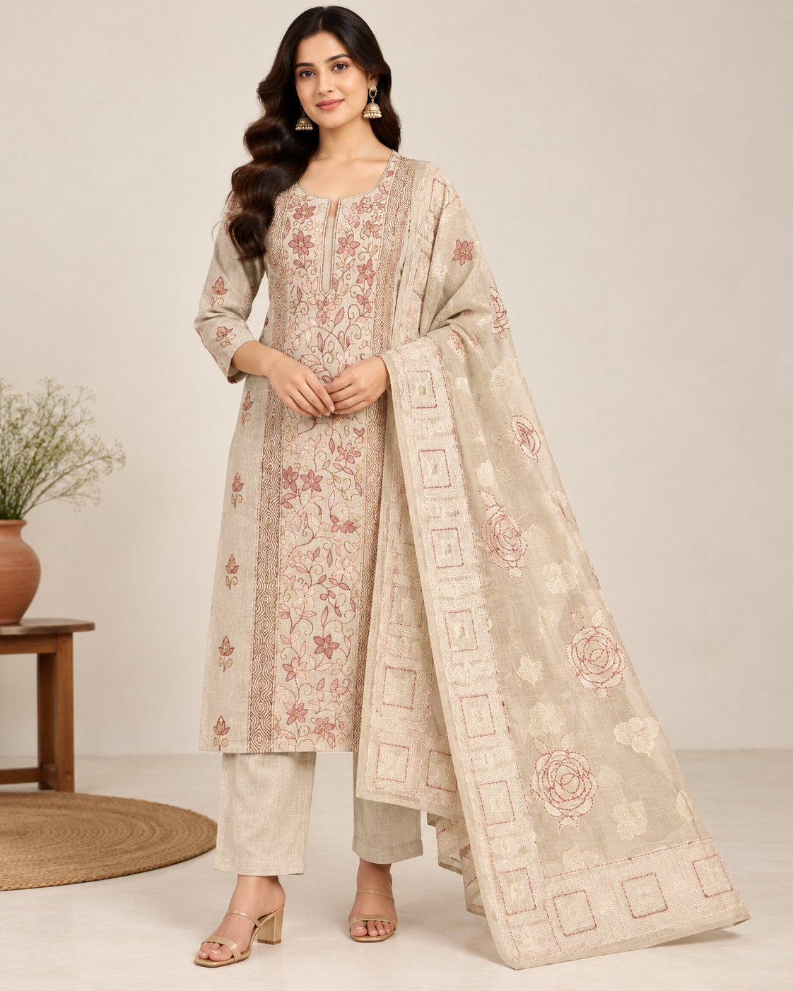 Elegant Beige Floral Embroidered Unstitched Suit Fabric with Dupatta Main image