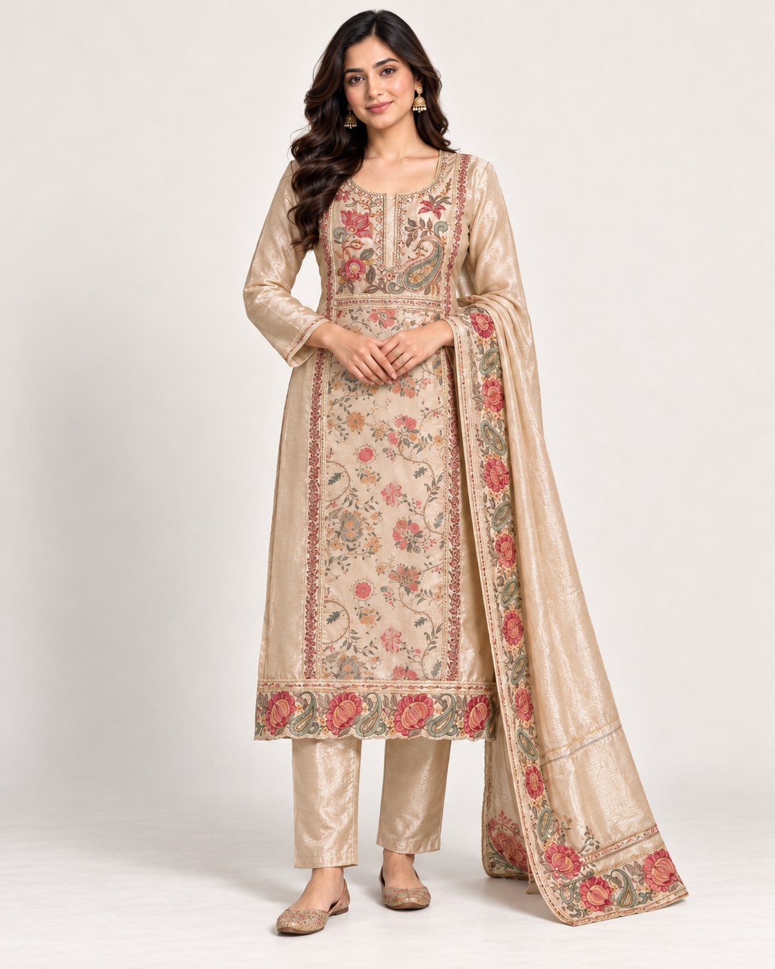 Elegant Champagne Beige Floral Paisley Suit Main image