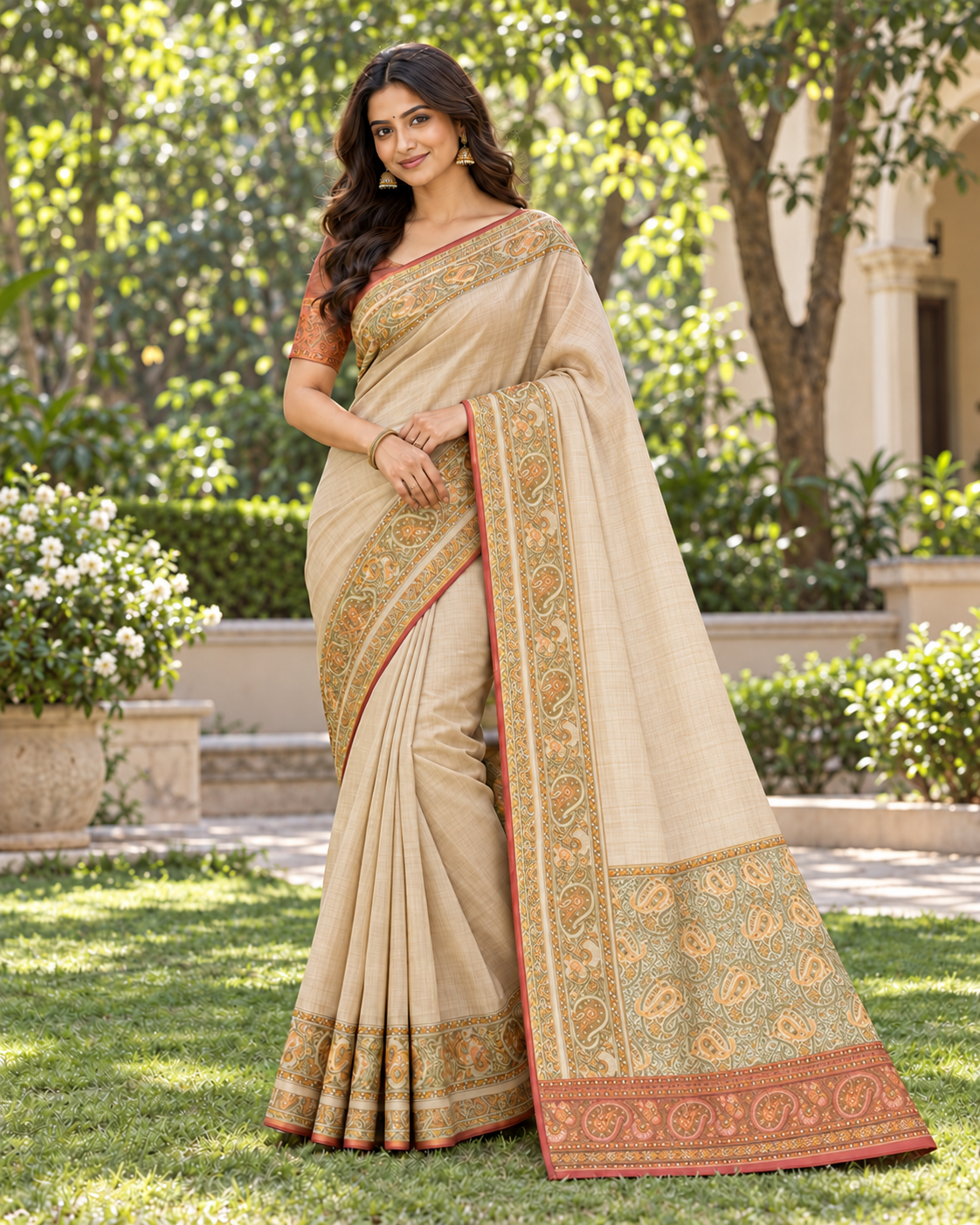 Chikoo Designer Saree with Traditional Paisley Border Main image