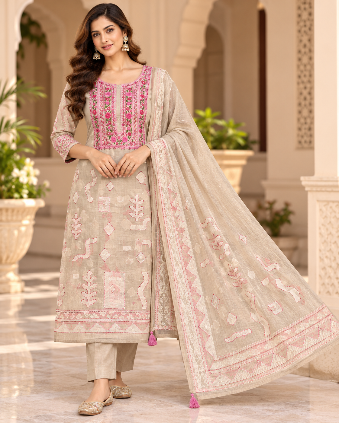 Beige Floral Printed Suit Fabric with Pink Embellished Dupatta