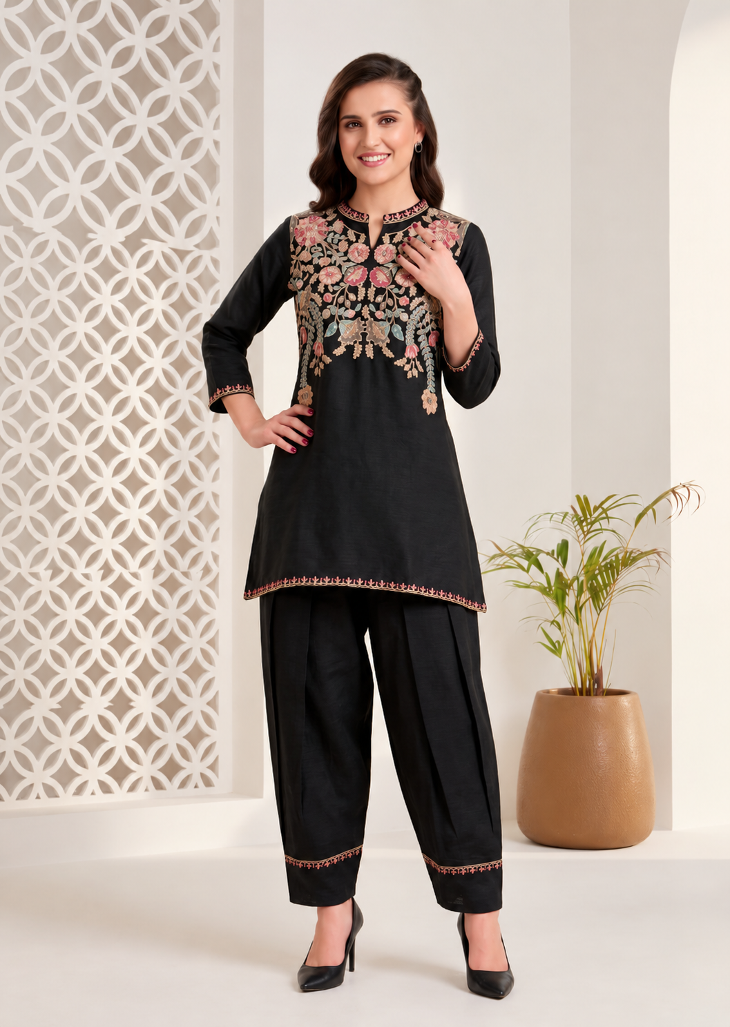 Black Floral Kashmiri Embroidered Tunic & Dhoti Pants Set Main image