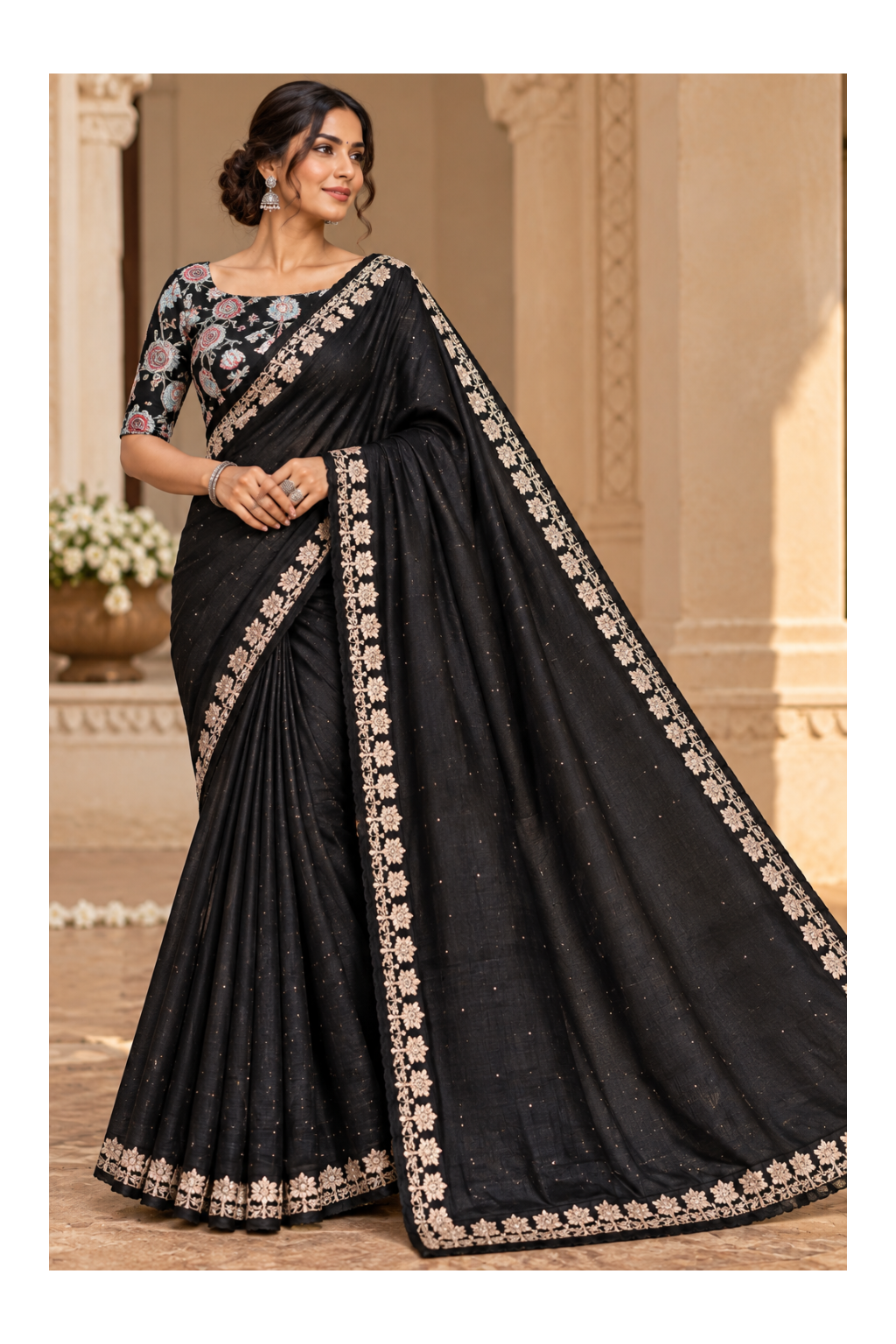 Jet Black Floral Embroidered Linen Silk Saree