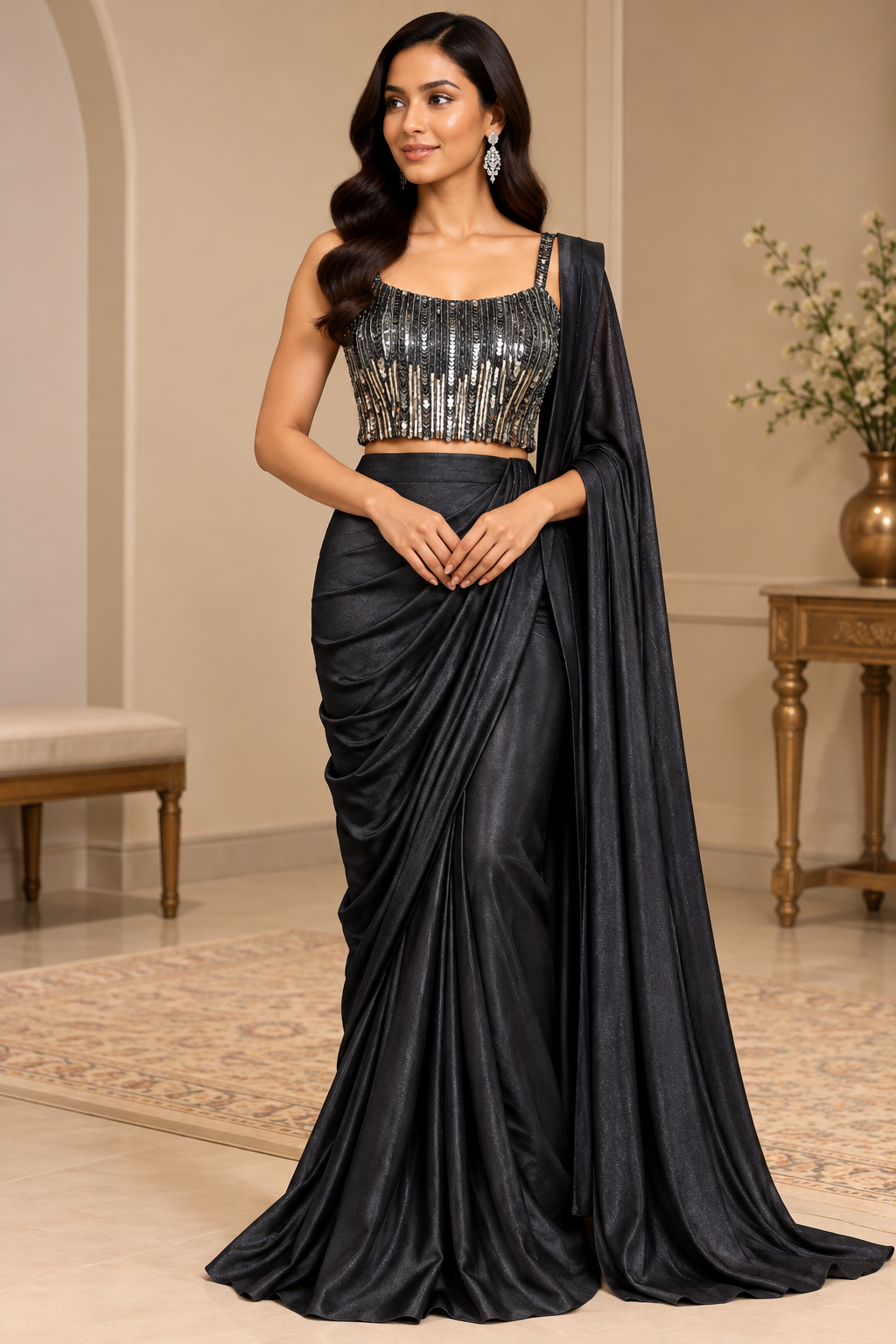 Black Sequin Embroidered Designer Drape Saree Main image