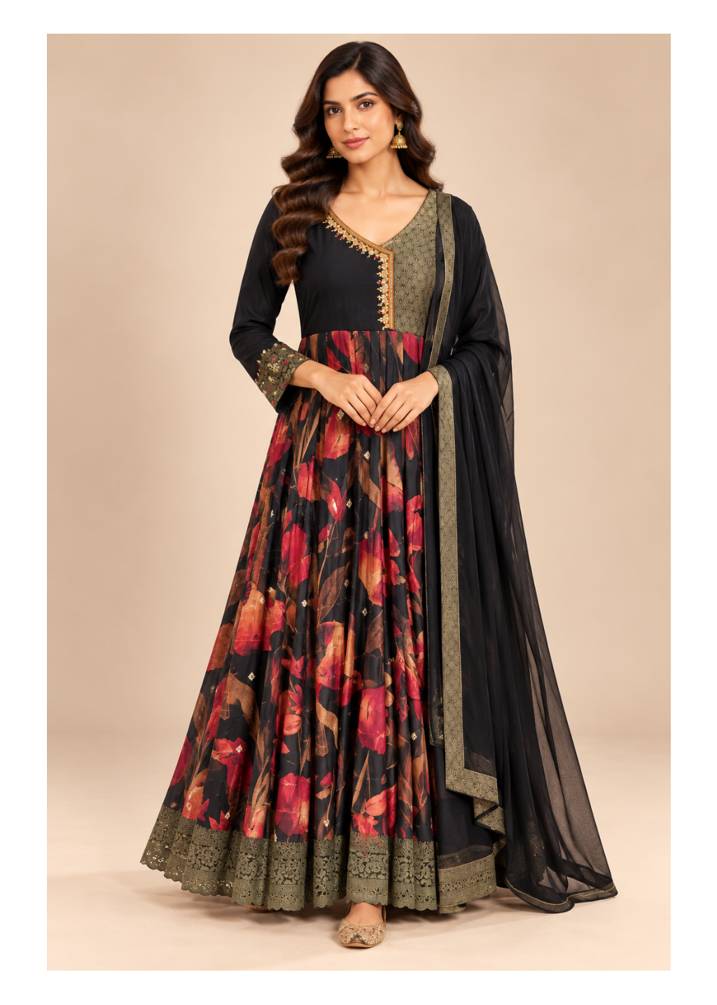 Elegant Black Floral Printed Anarkali Suit
