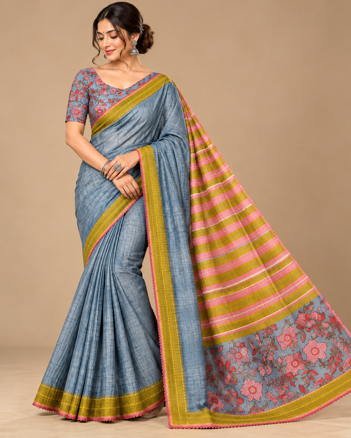 Blue-Grey Linen Silk Kantha Striped Saree