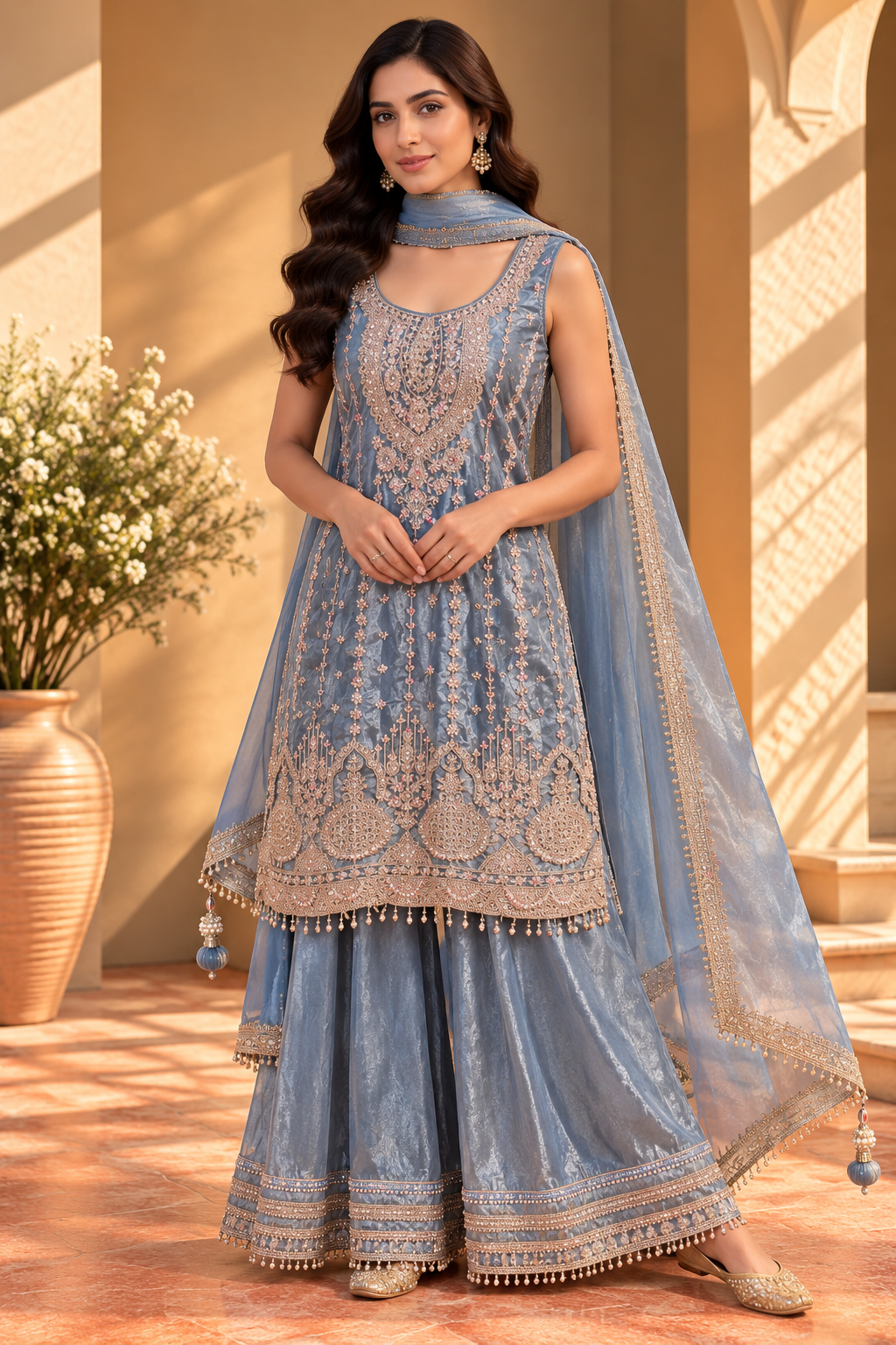 Slate Blue-Grey Embroidered Tissue Sharara Suit Set