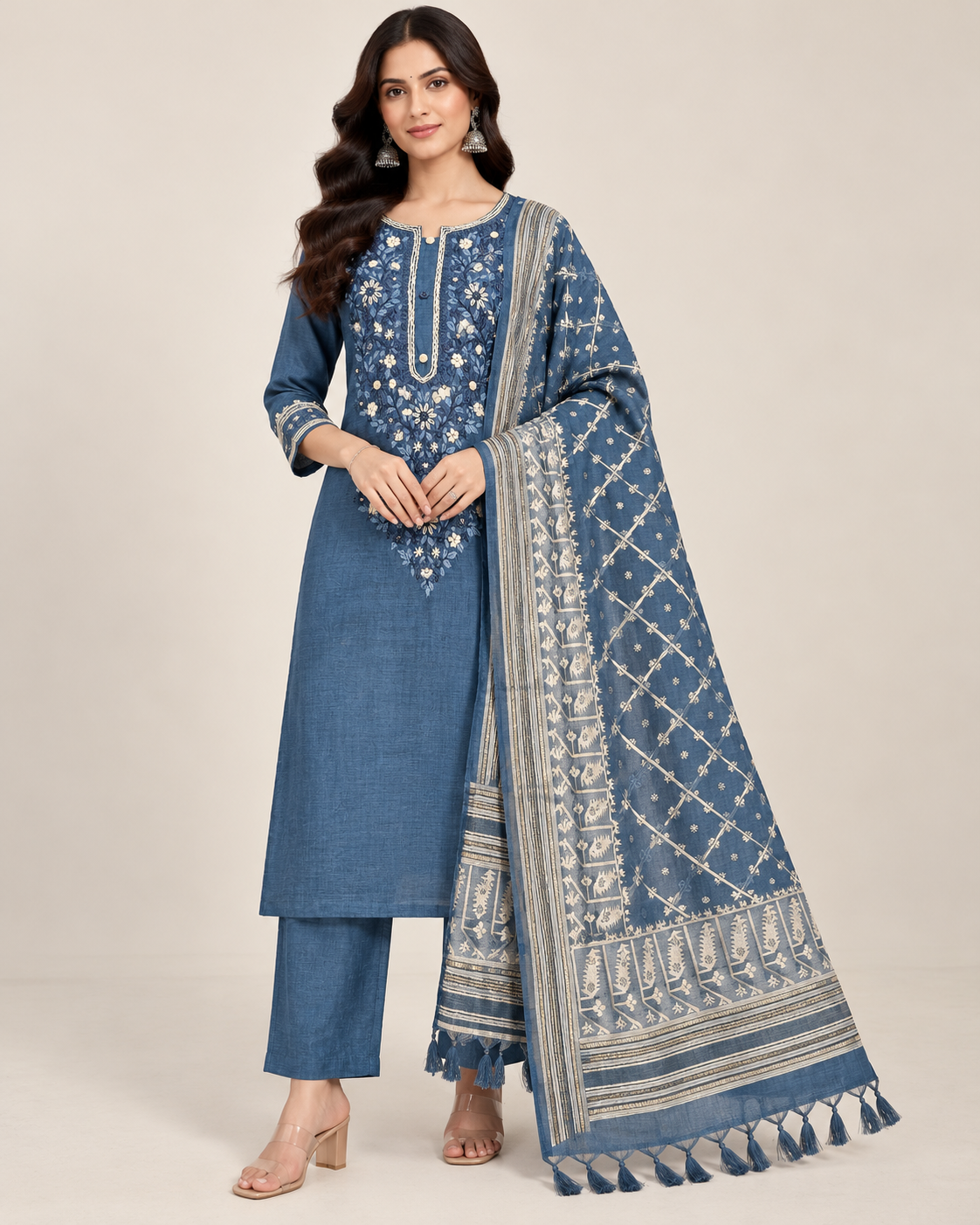 Blue Floral Embroidered Unstitched Suit Fabric with Dupatta Main image