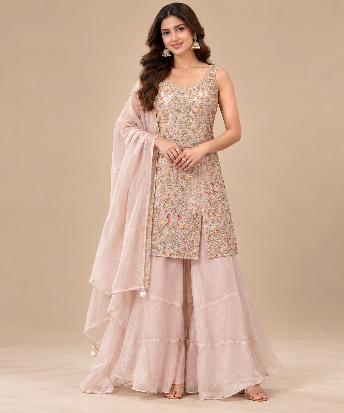 Blush Pink Heavily Embroidered Sharara Suit Set