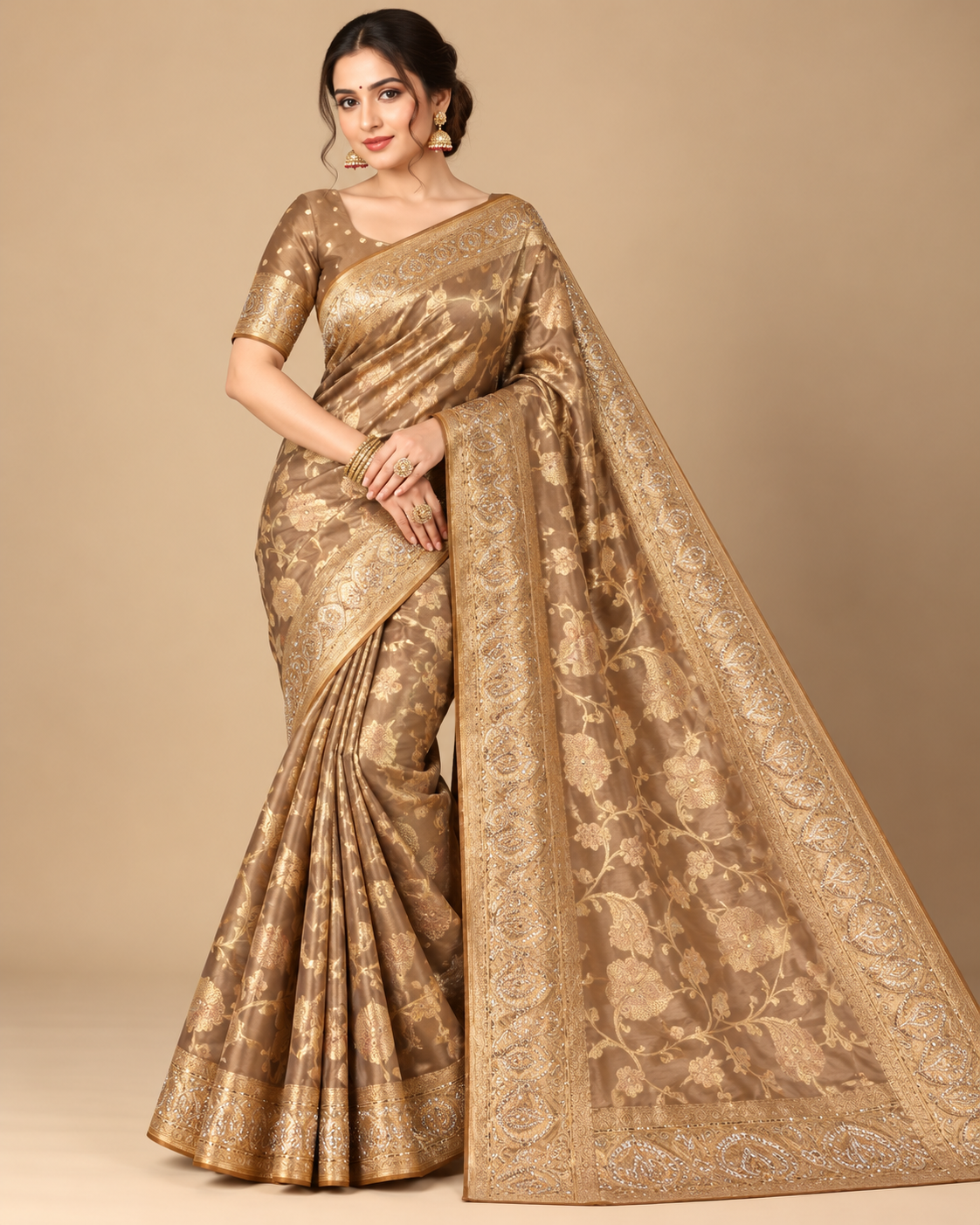 Bronze Gold Silk Saree with Floral Woven Design Main image