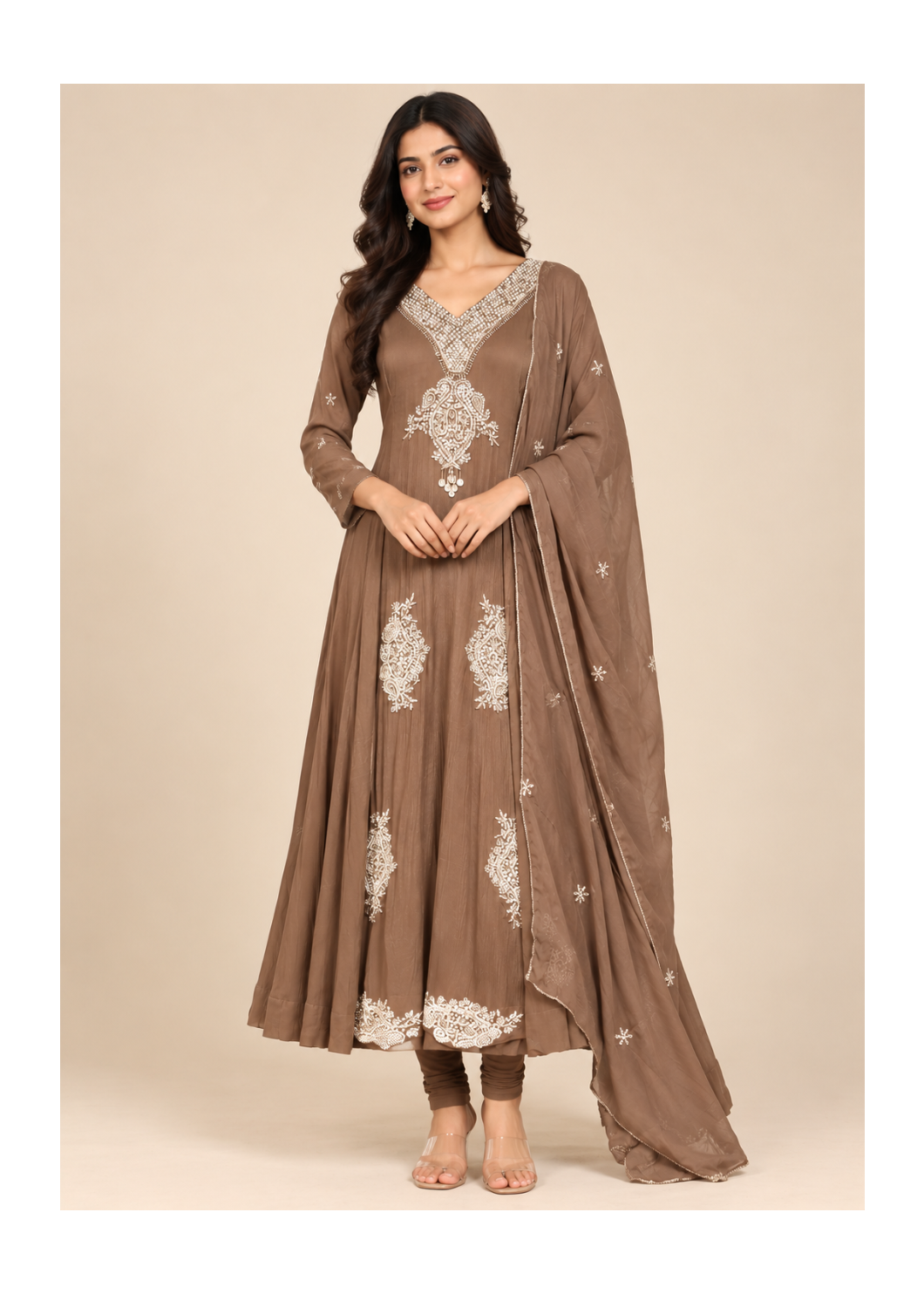 Mocha Brown Ivory Embroidered Anarkali Suit Set