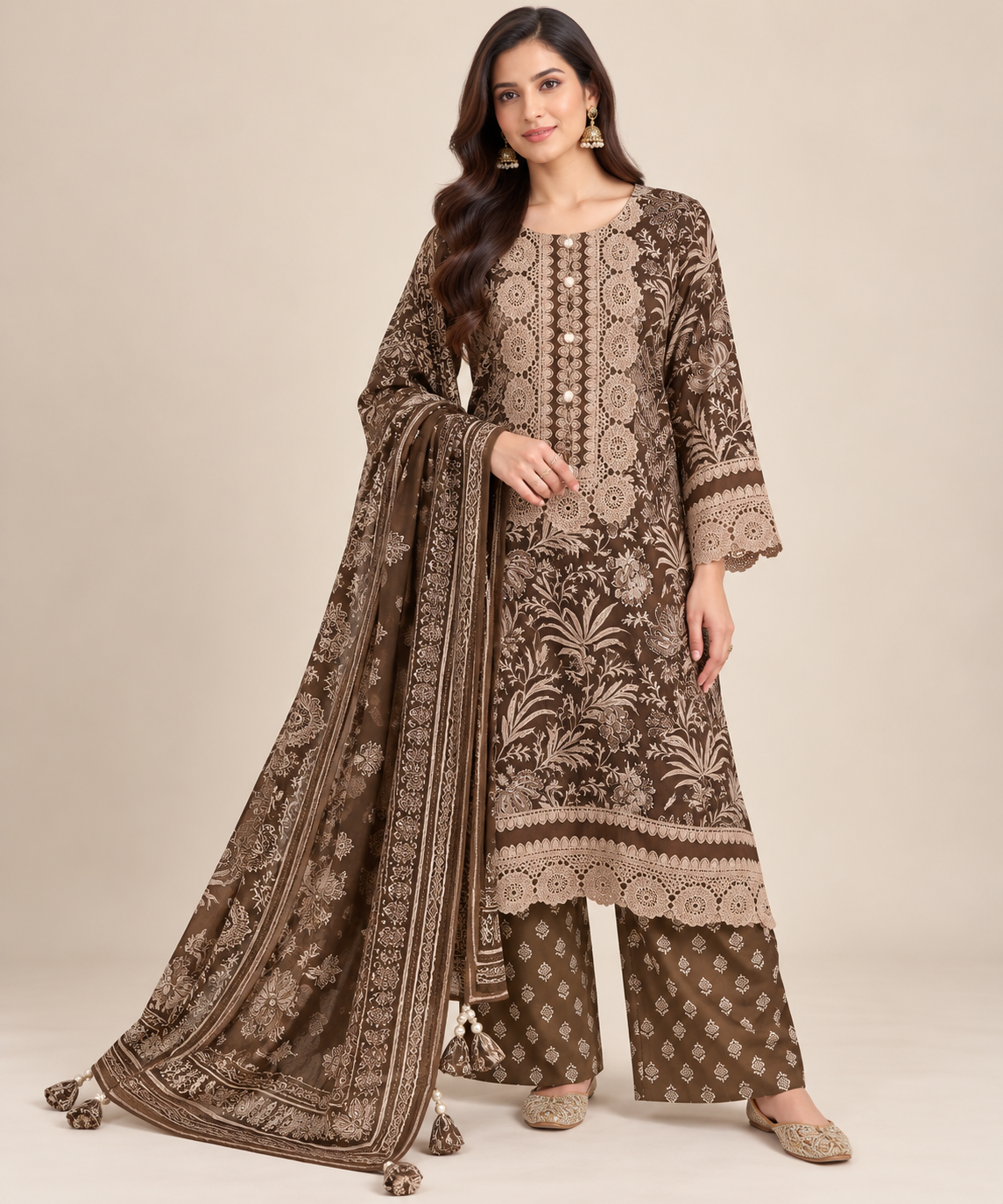Espresso Brown Printed & Embroidered Pakistani Suit Set