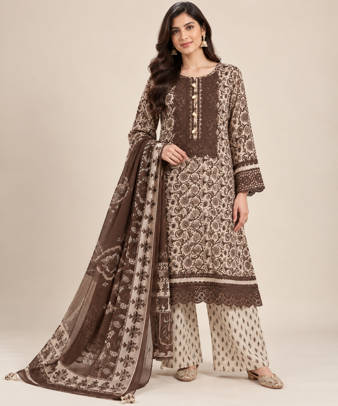Mocha Brown Paisley Printed Kurta & Palazzo Suit Set