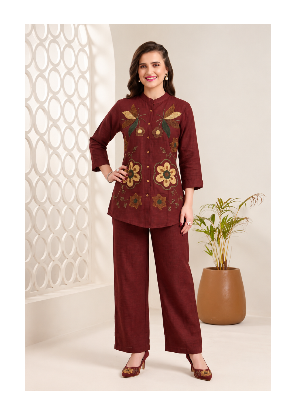 Burgundy Floral Embroidered Co-ord Set