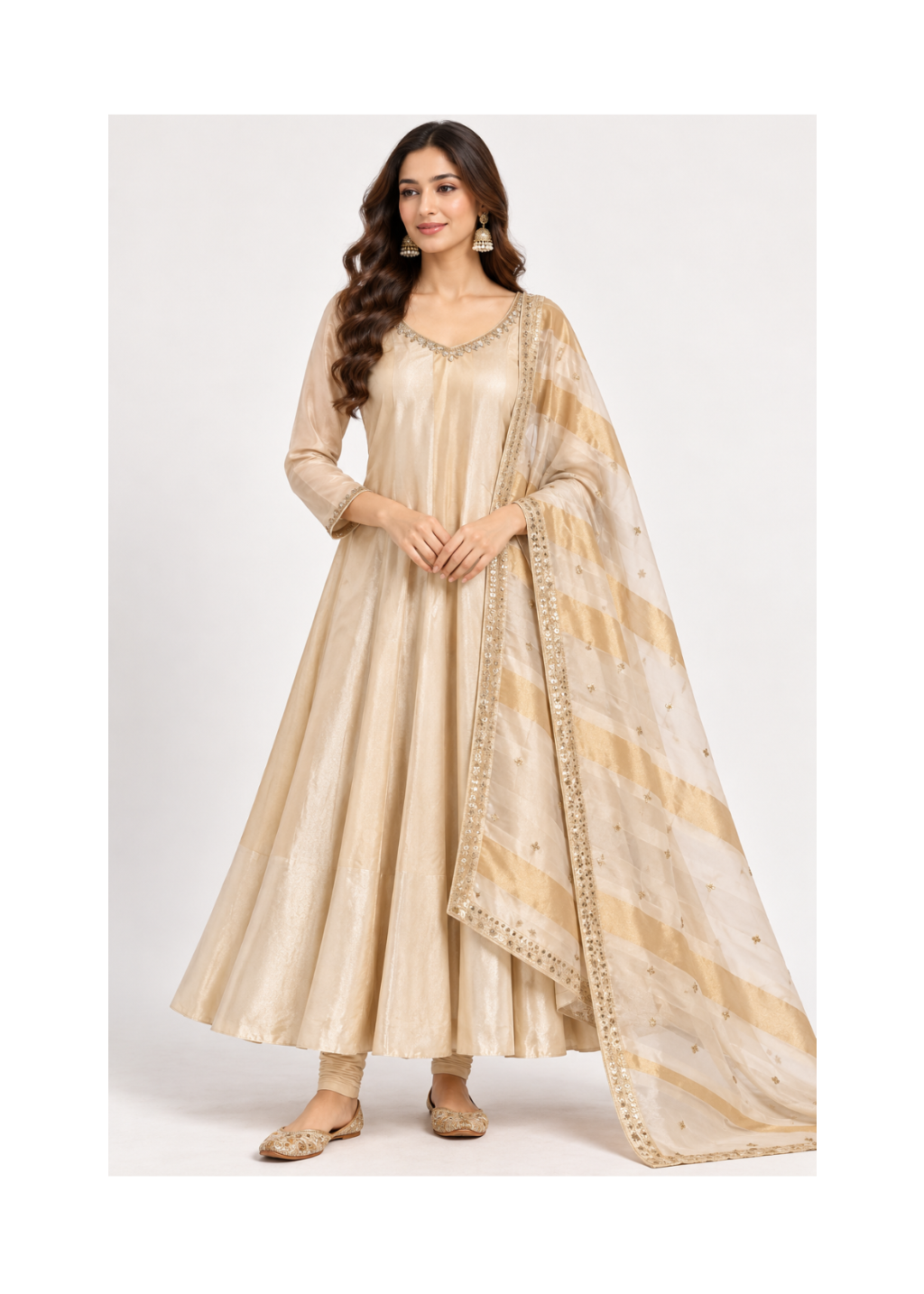 Champagne Gold Embellished Flared Anarkali Suit Set