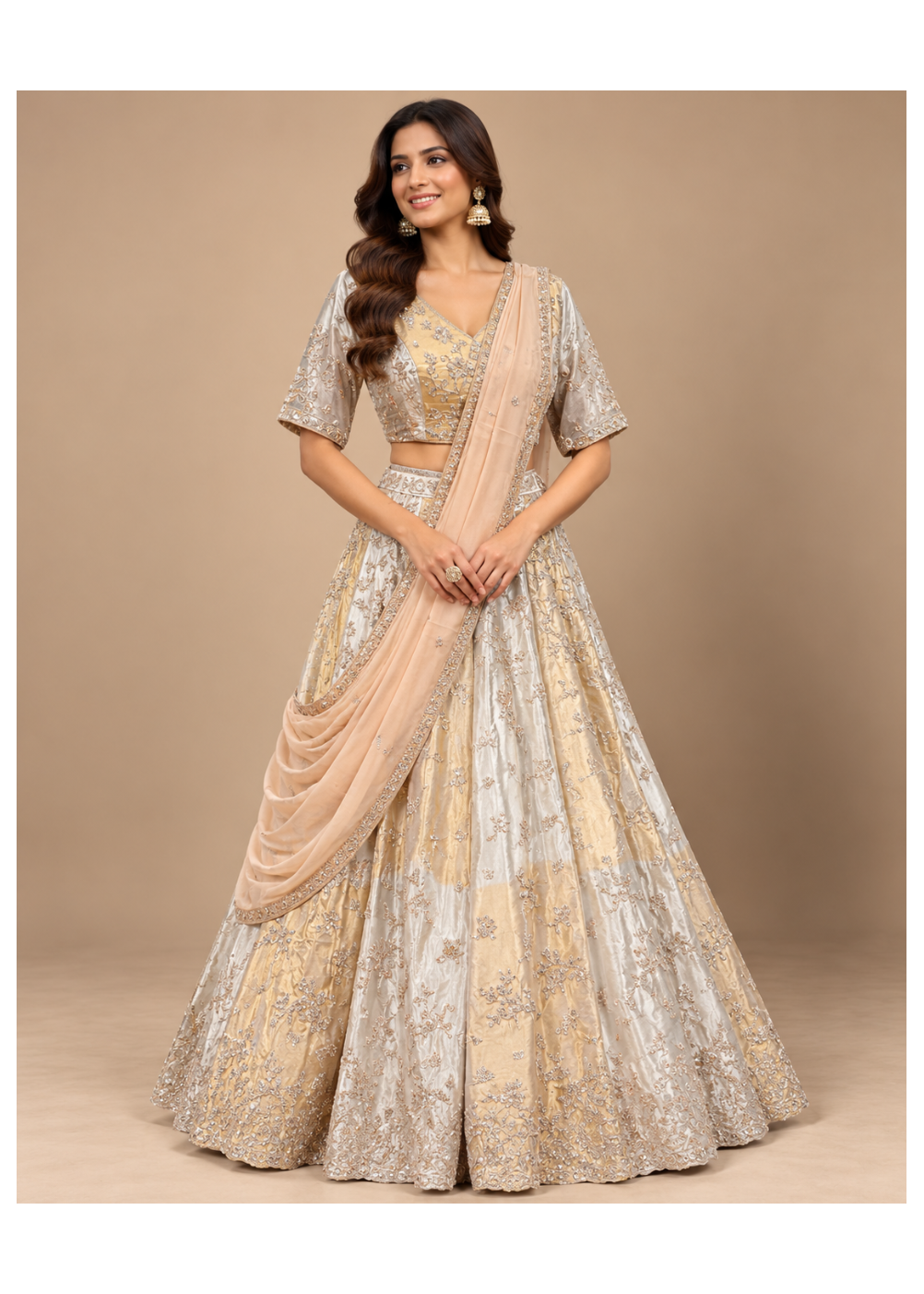 Champagne Gold Floral Embroidered Bridal Lehenga Main image