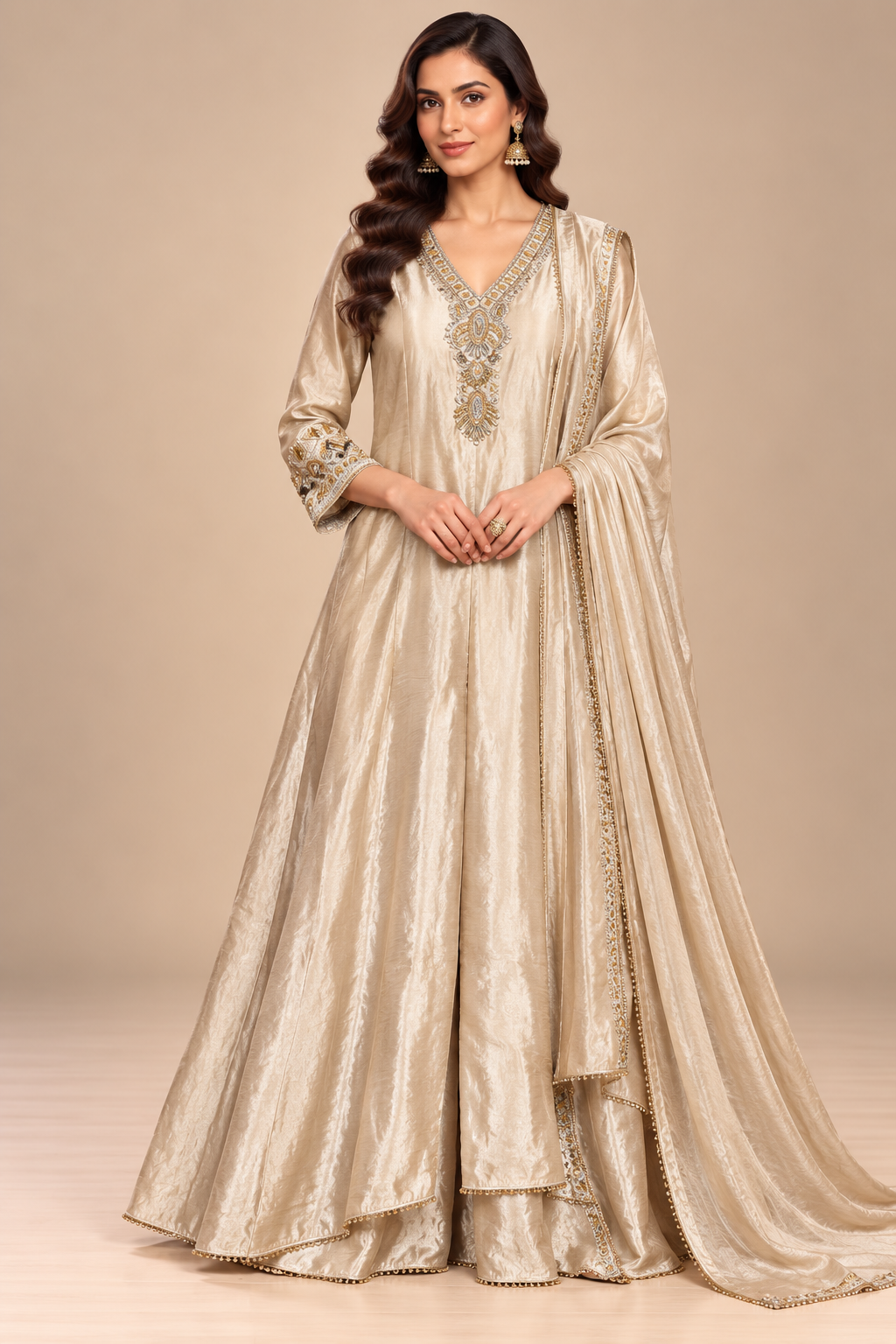 Luminous Champagne Gold Tissue Anarkali Set Main image