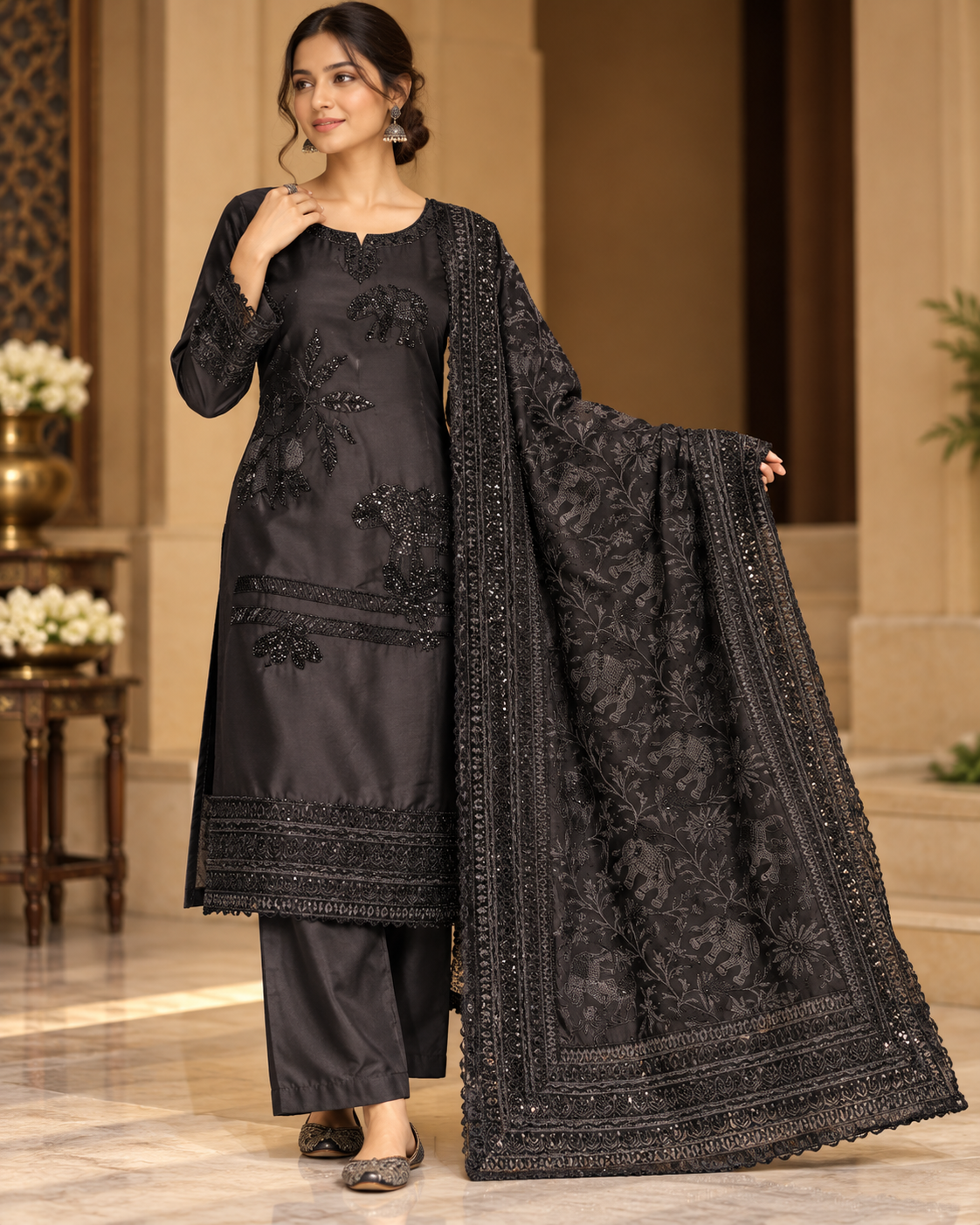Midnight Black Elephant Motif Designer Suit Main image