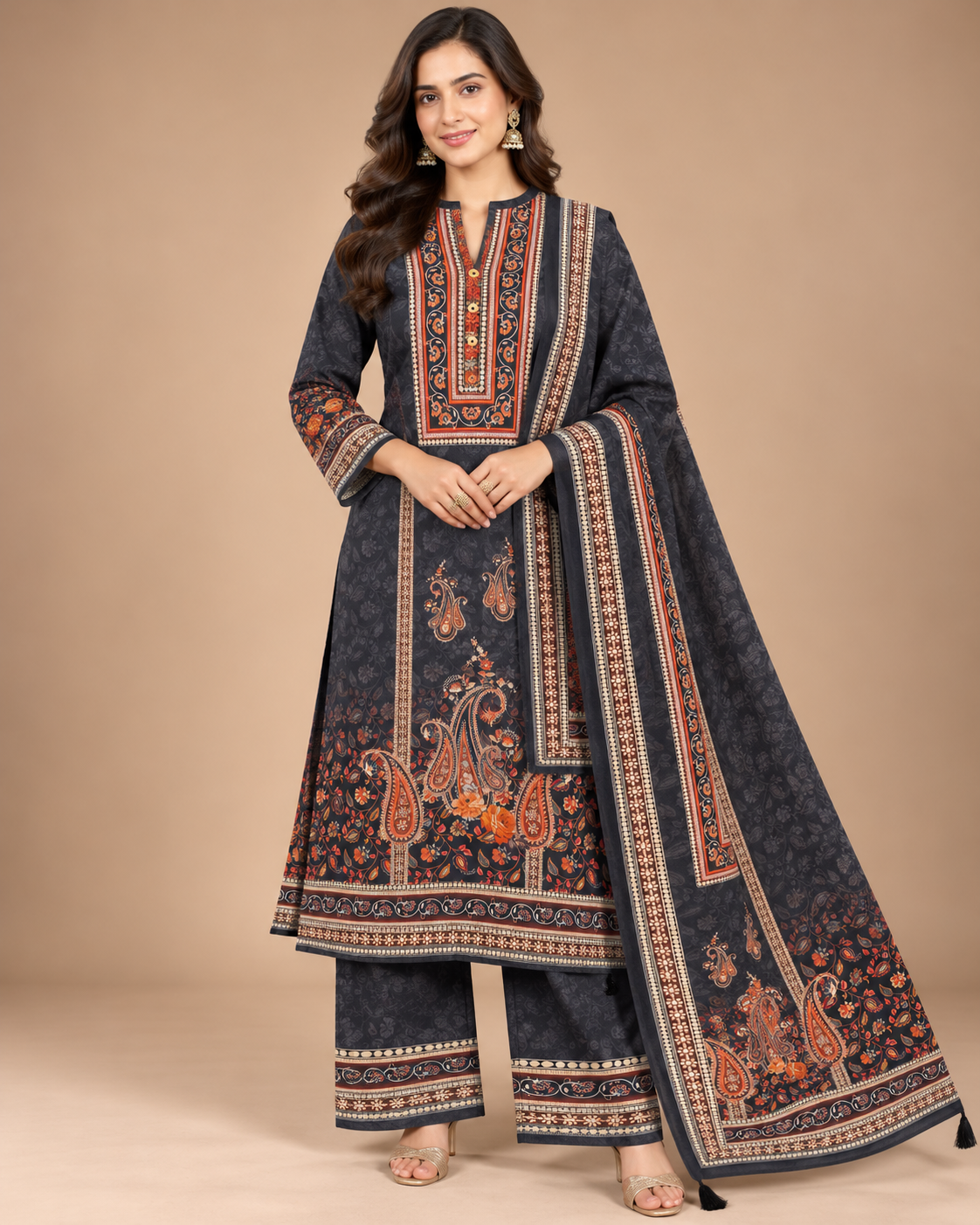 Charcoal Paisley Printed Kurta Set