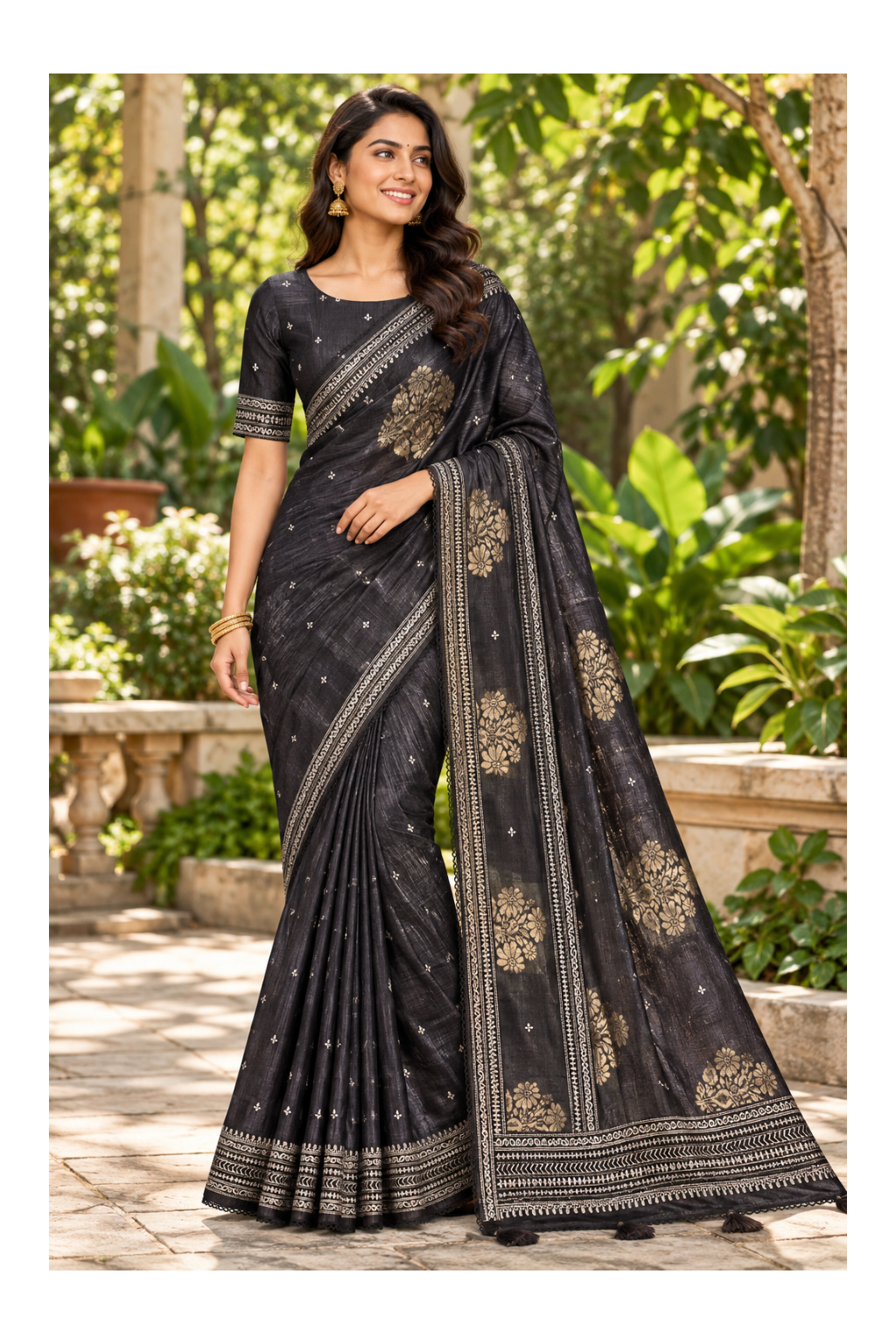 Charcoal Black Gold Floral Linen Saree