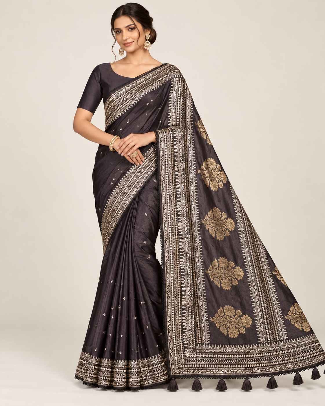 Charcoal Black Silk Embroidered Pallu Saree Main image