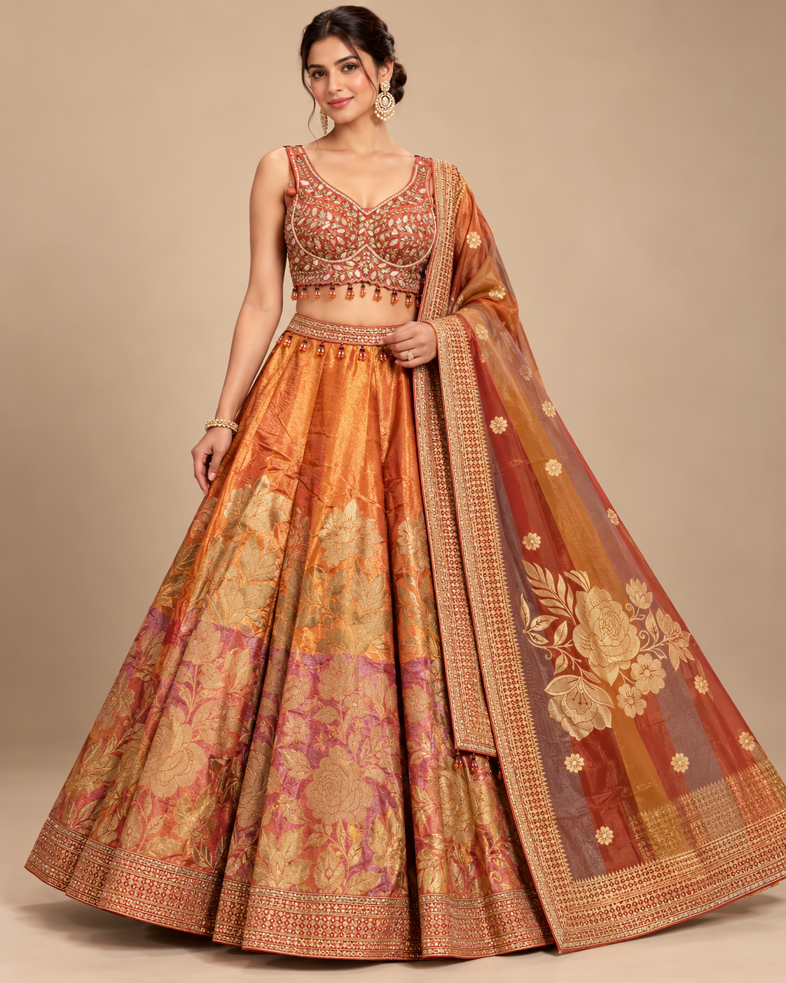 Rust Copper Floral Tissue Silk Lehenga Set Main image