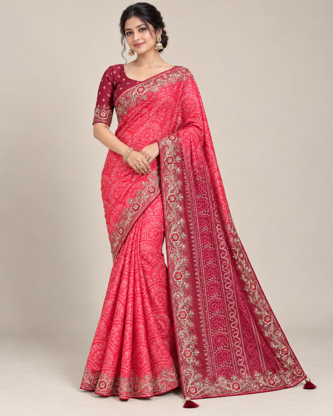 Coral Pink Bandhani Print Saree with Floral Embroidered Border Main image