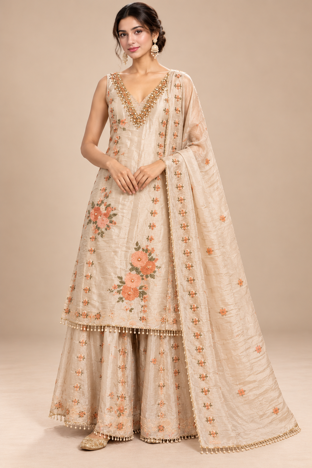 Elegant Cream Floral Embroidered Sharara Set