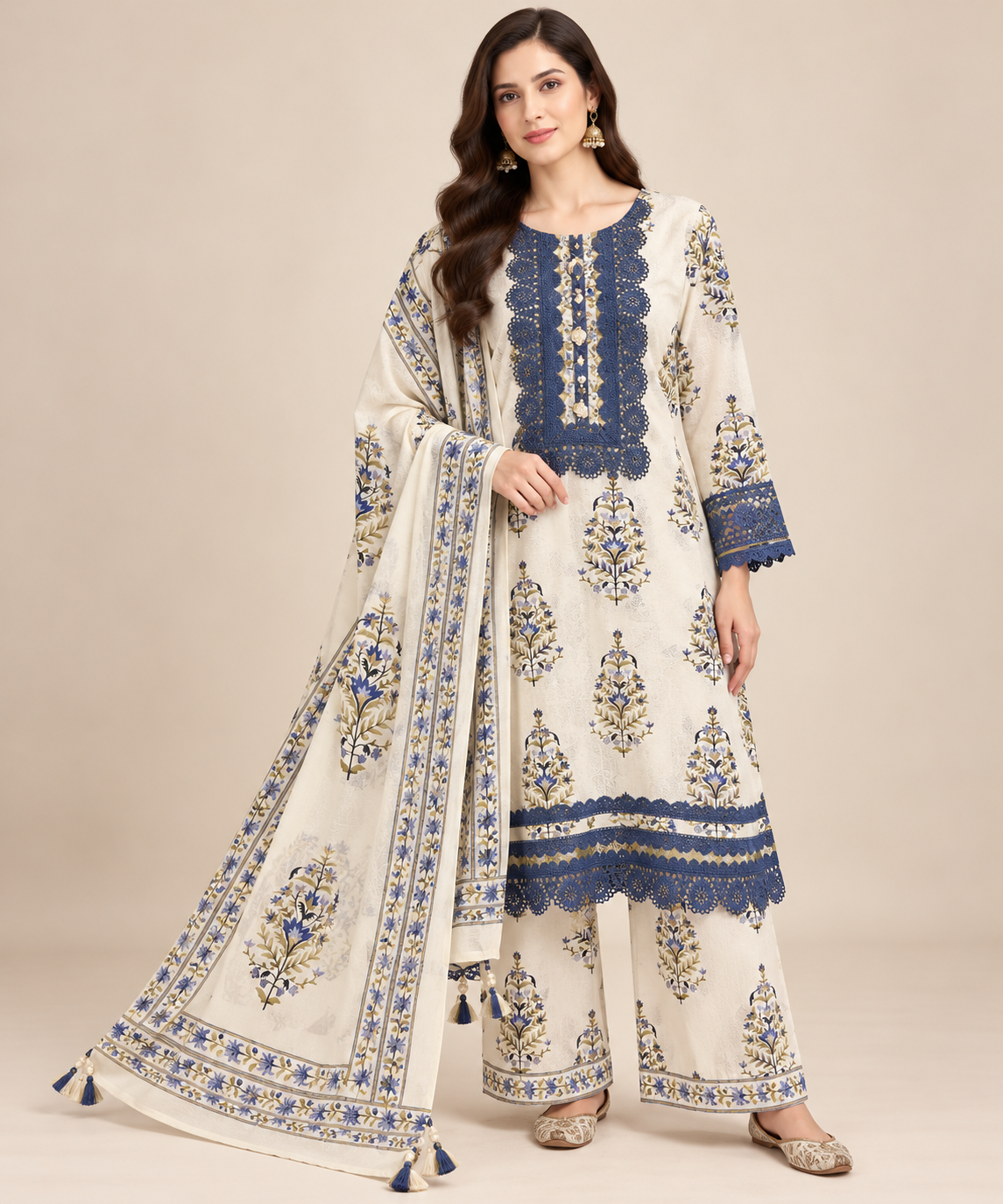 Off-White & Indigo Blue Floral Printed Pakistani Suit Set Main image
