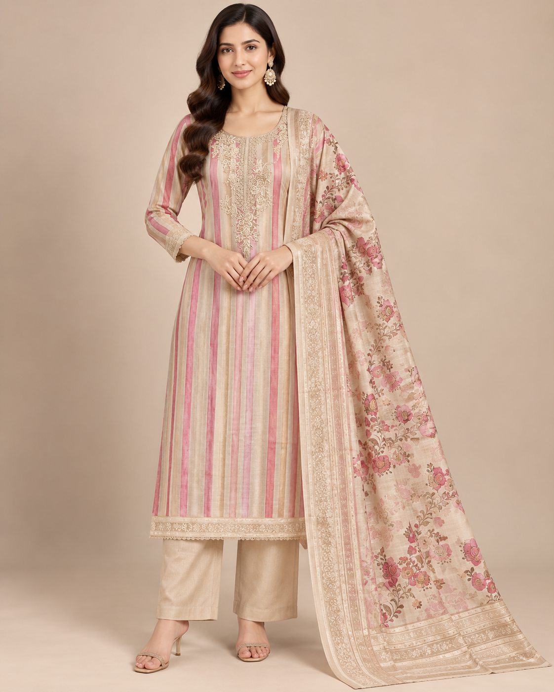 Ivory & Dusty Pink Striped Suit Fabric with Floral Dupatta Main image