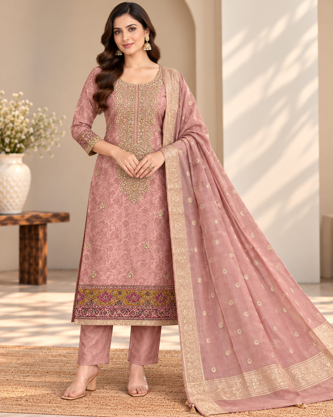 Dusty Rose Embellished Suit Fabric with Gold Motif Dupatta