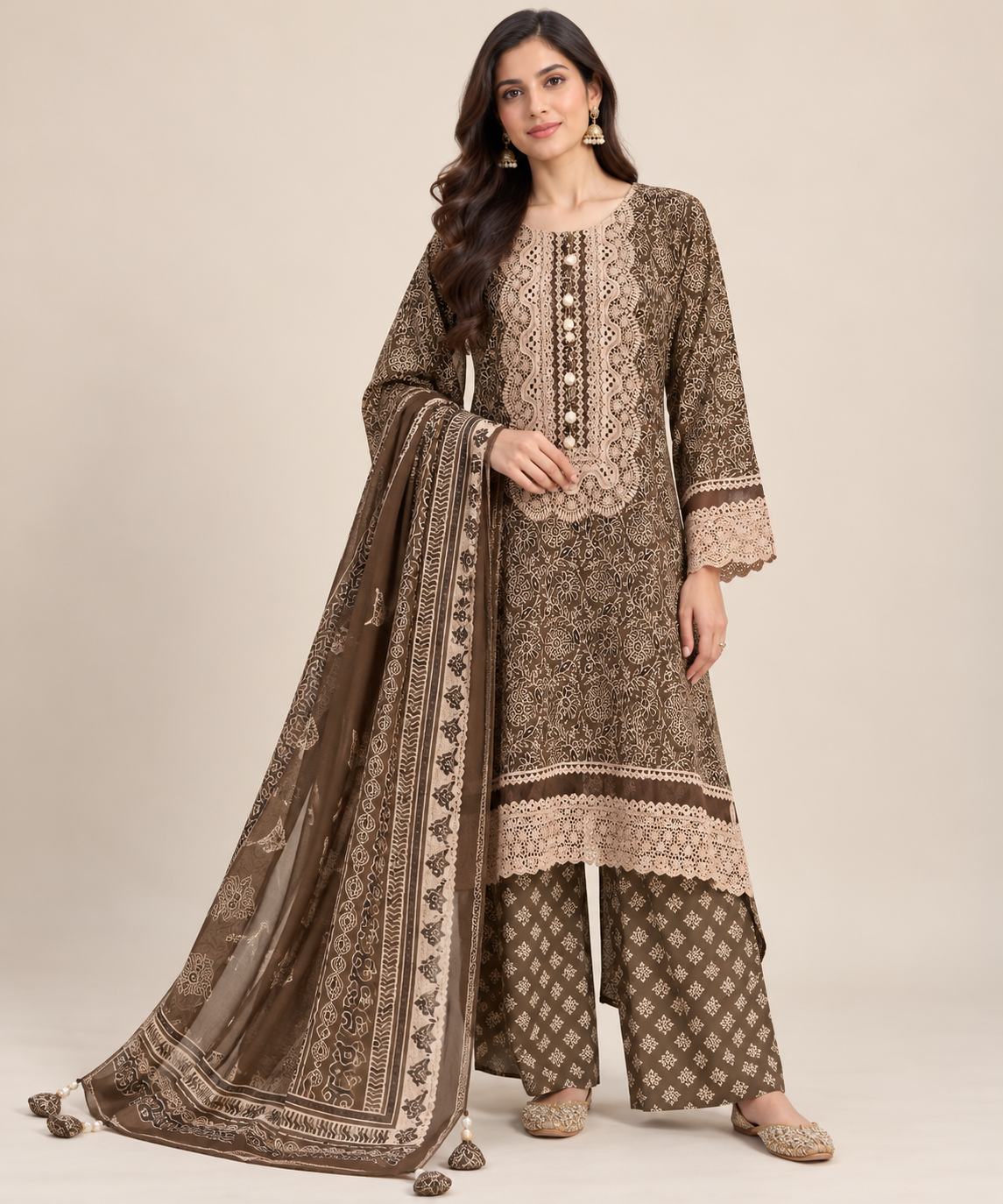 Earth-Toned Printed & Embroidered Pakistani Suit Set