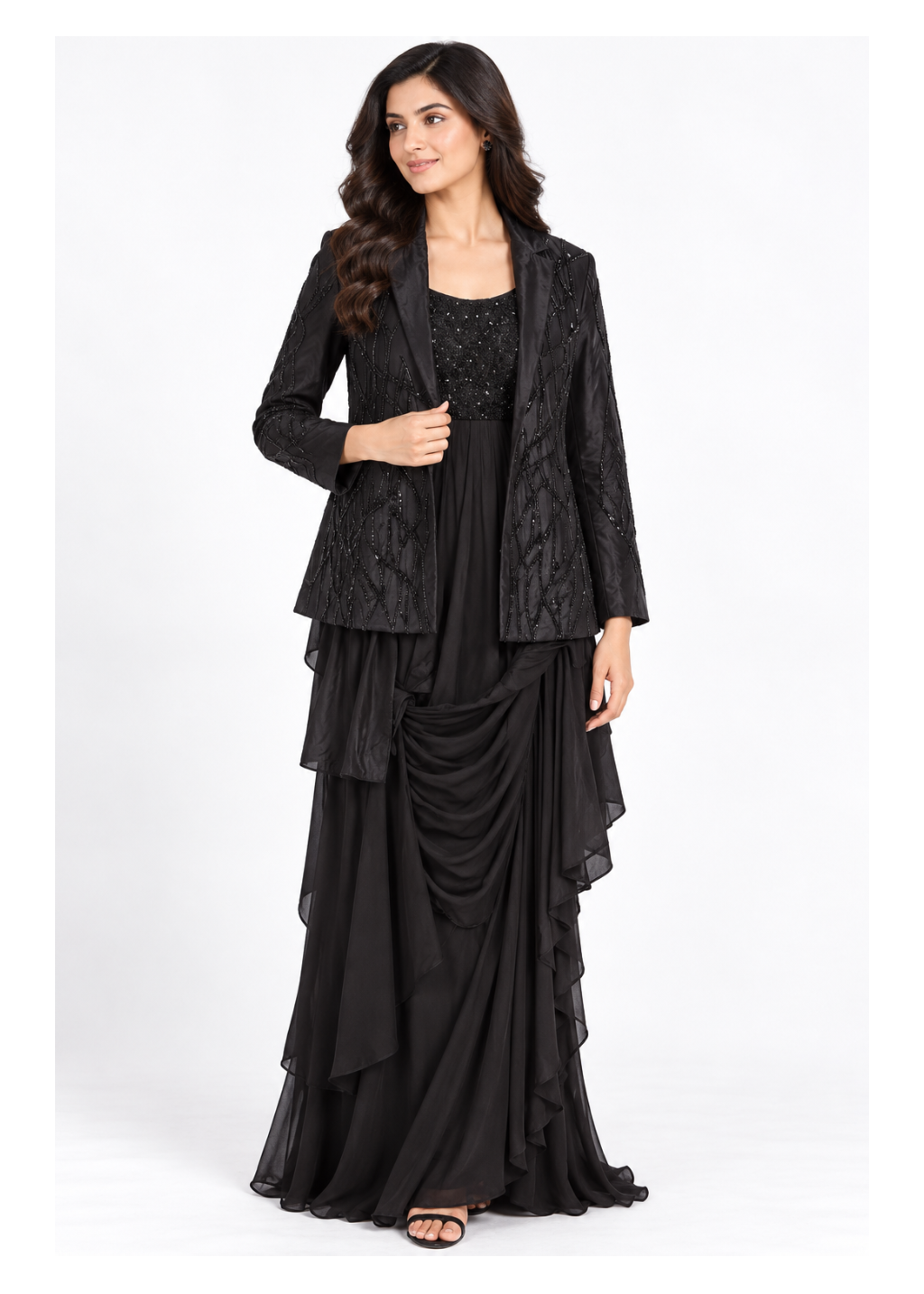 Elegant Black Embellished Draped Gown with Jacket
