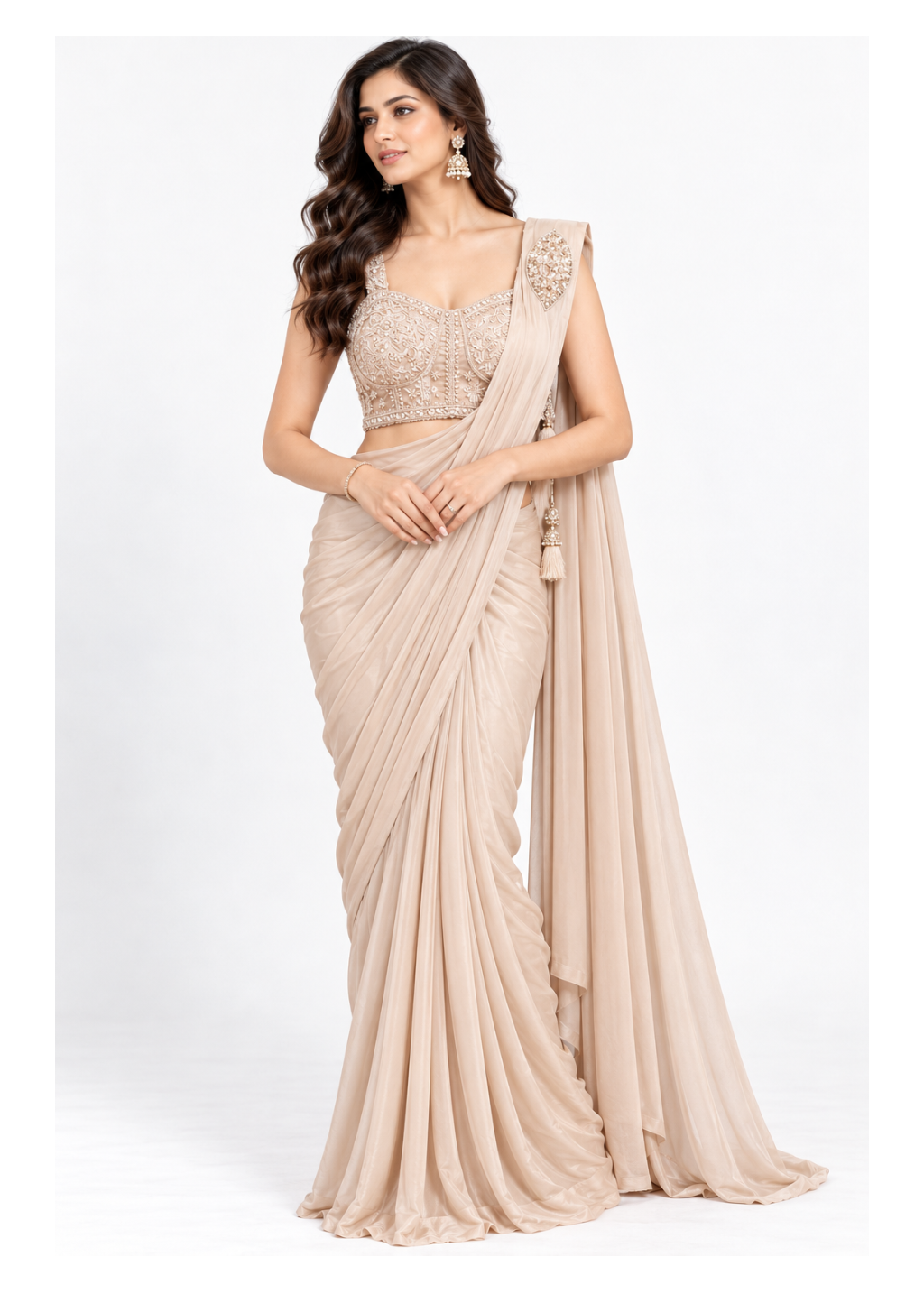 Elegant Champagne Embroidered Draped Saree Set