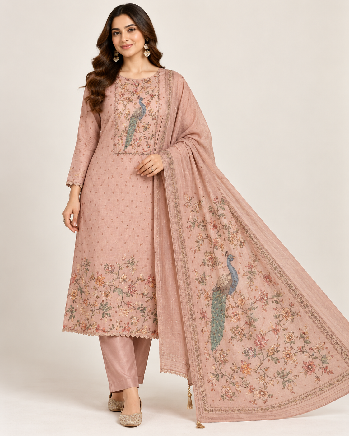 Blush Peach Peacock Floral Printed Suit