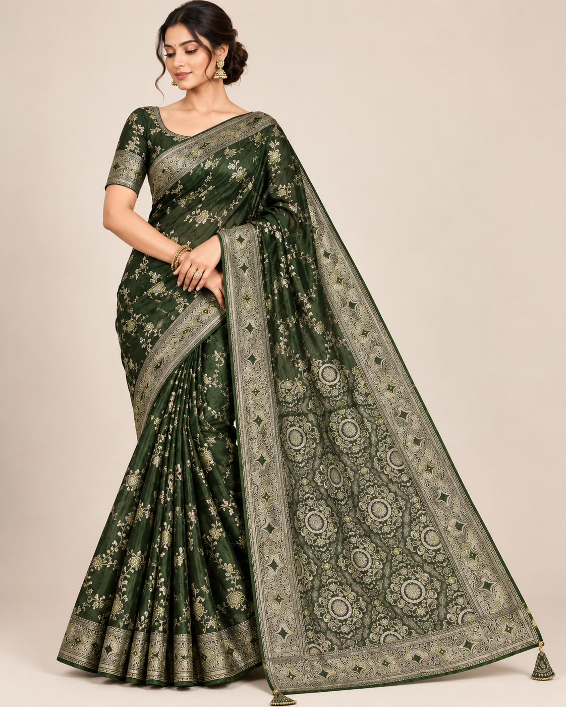 Mehendi Green Royal Floral Banarasi Saree