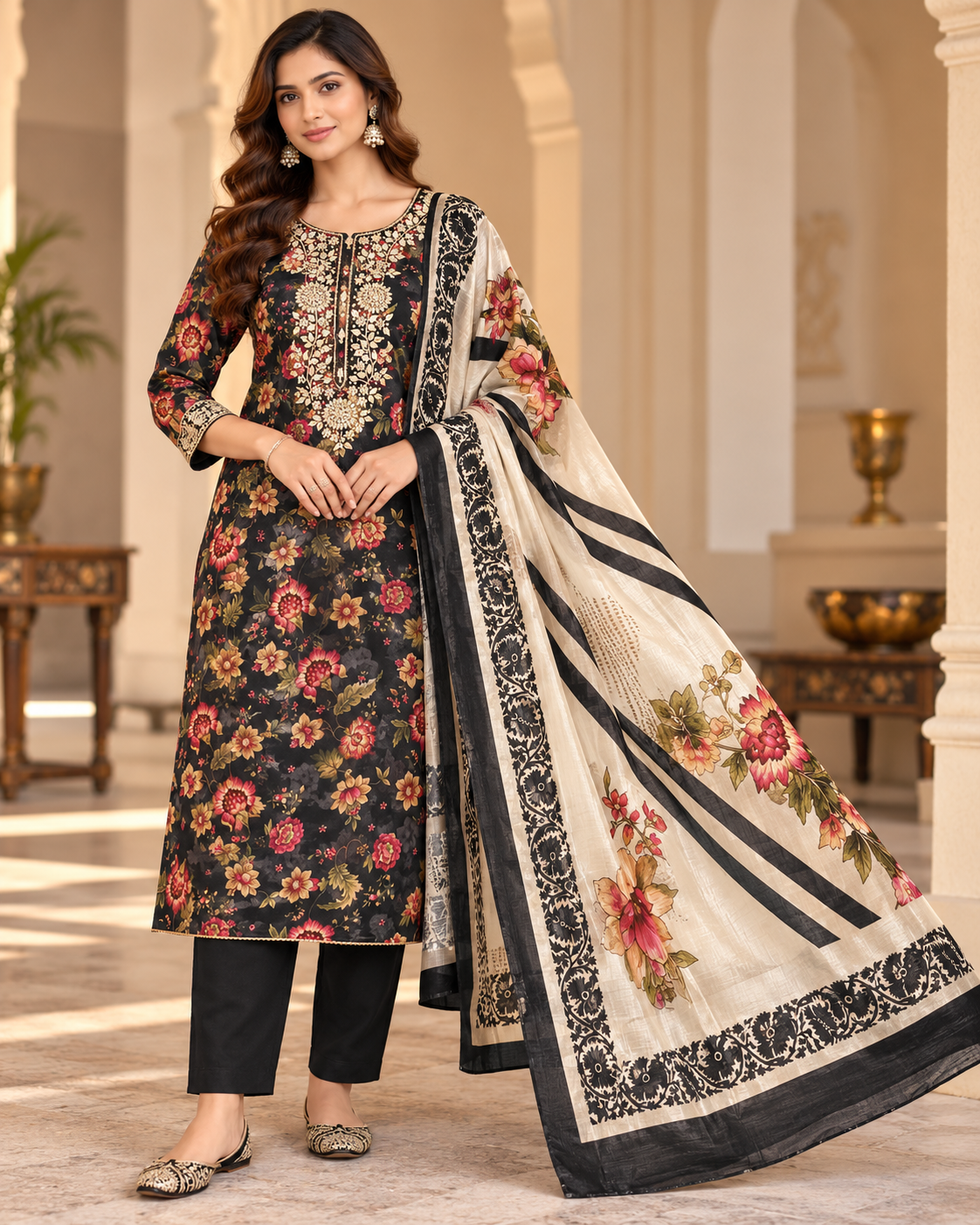 Charcoal Grey Floral Printed Suit Fabric with Designer Dupatta Main image