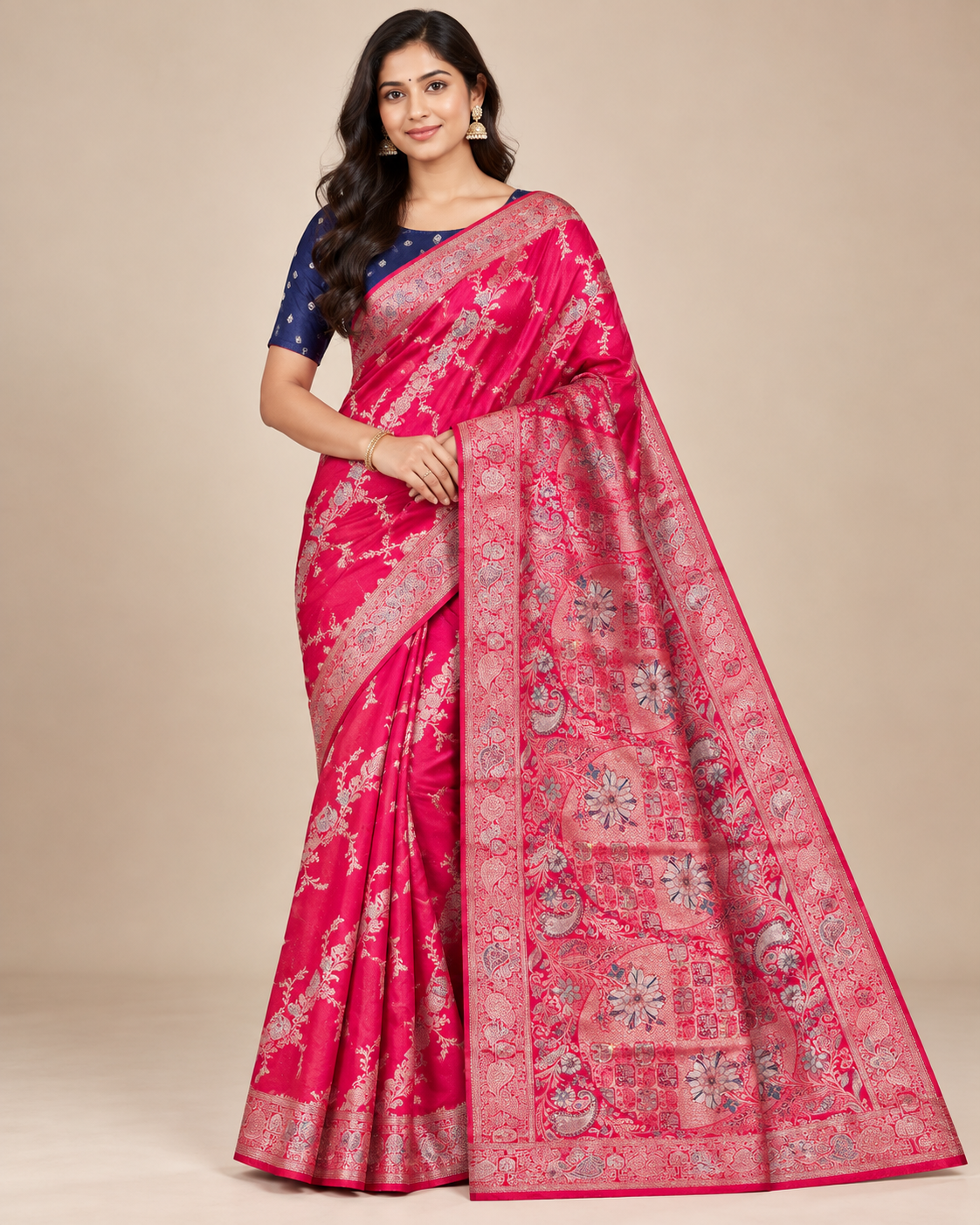 Royal Rani Pink Banarasi-Style Saree with Golden Floral Motifs
