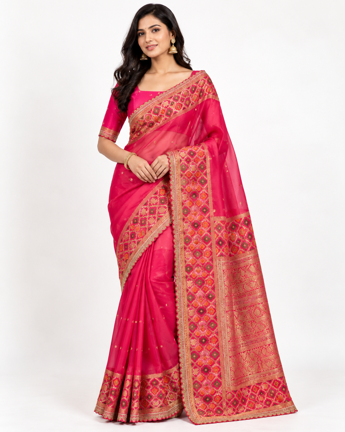 Fuchsia Pink Georgette Saree with Patola Border Main image