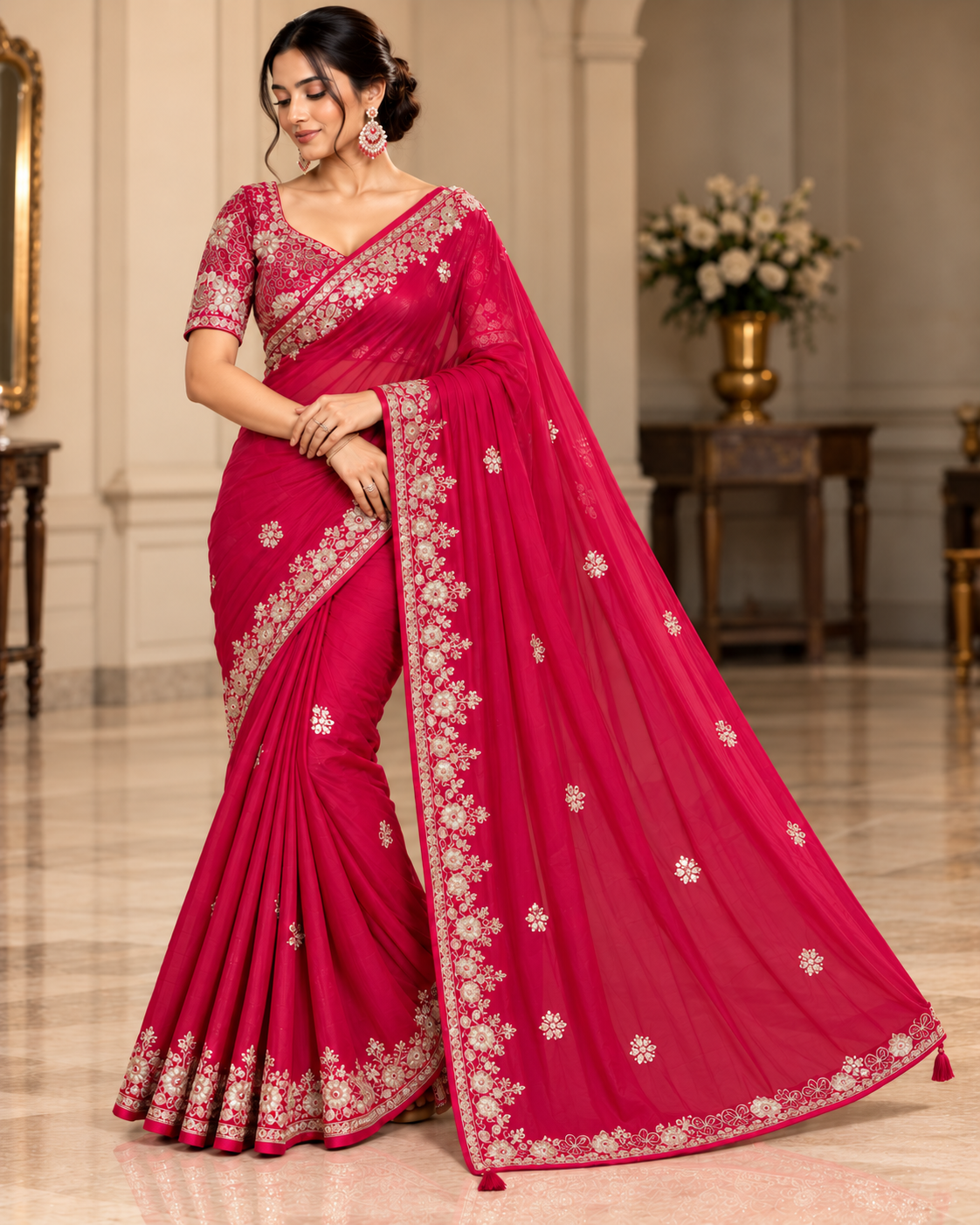Fuchsia Floral Embroidered Saree Main image