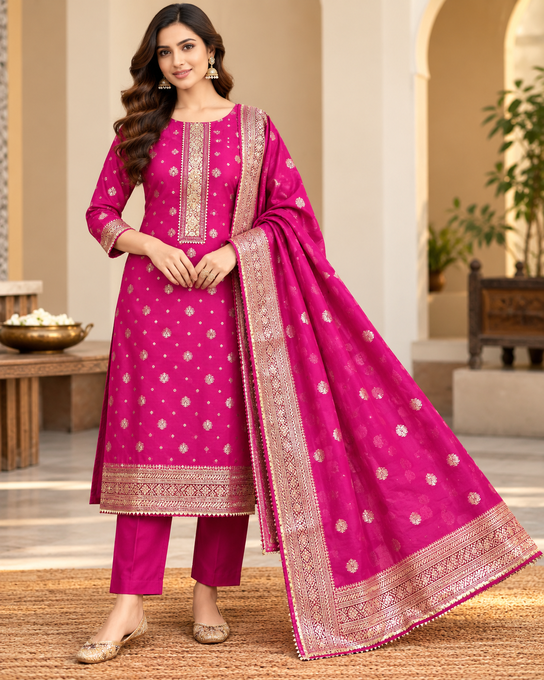 Rani Pink Traditional Suit Fabric with Gold-Toned Motif Dupatta Main image