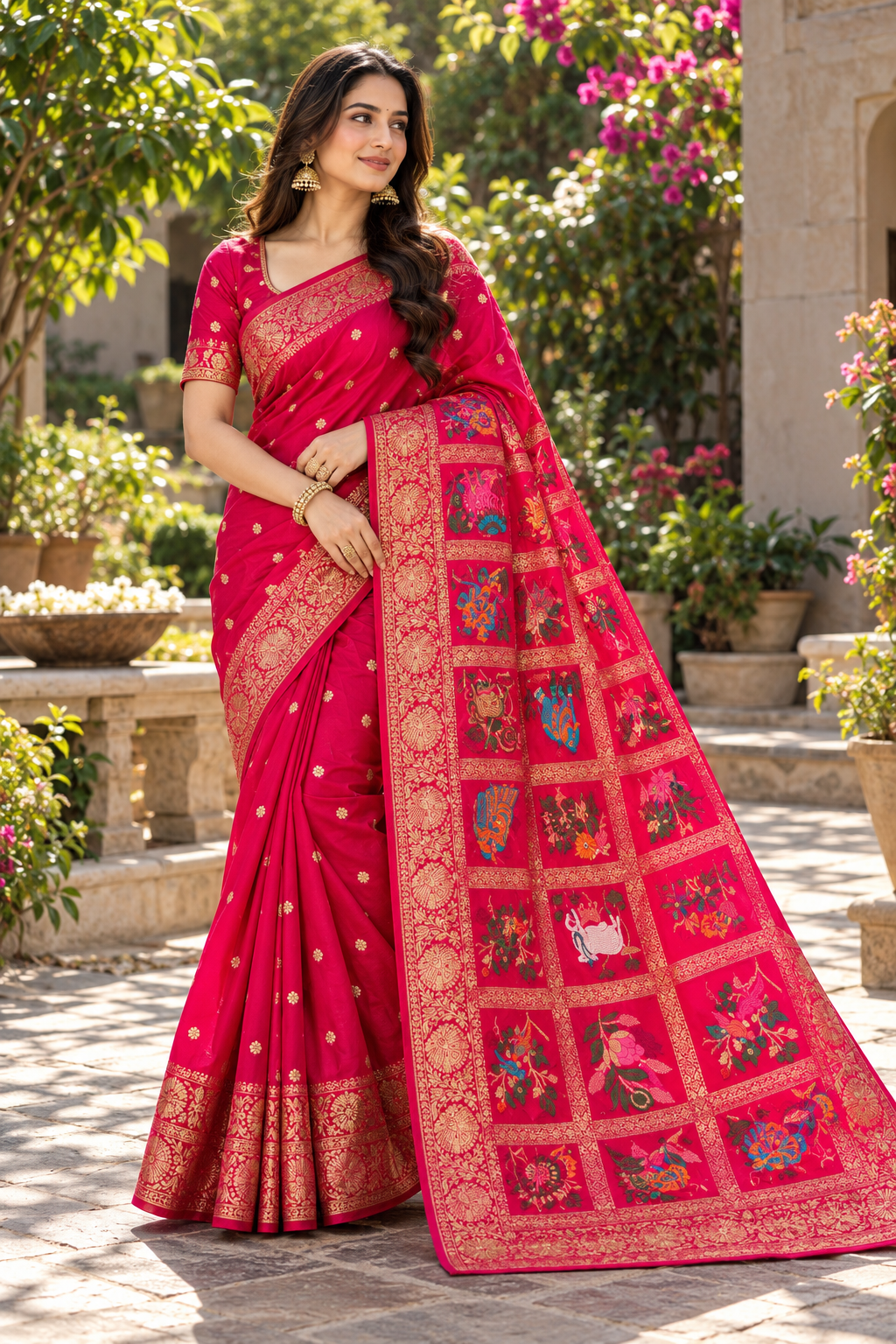 Vibrant Pink Polka Dot Saree with Multicolored Figural Pallu