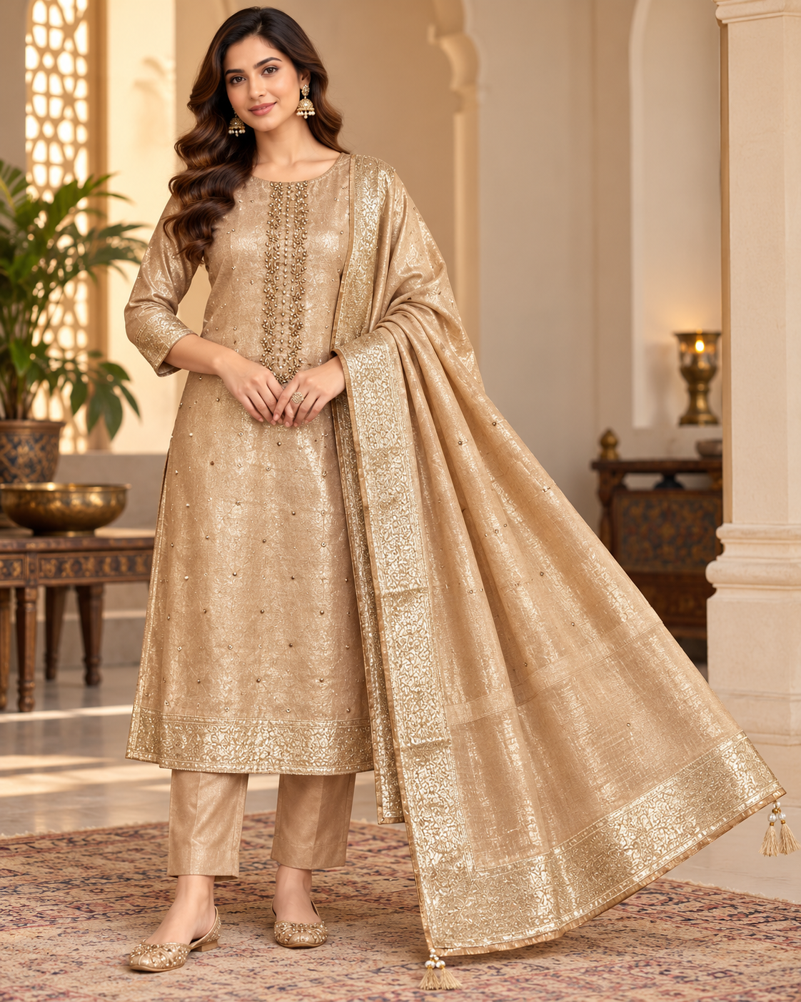Champagne Gold Embellished Suit Fabric with Ornamental Dupatta Main image
