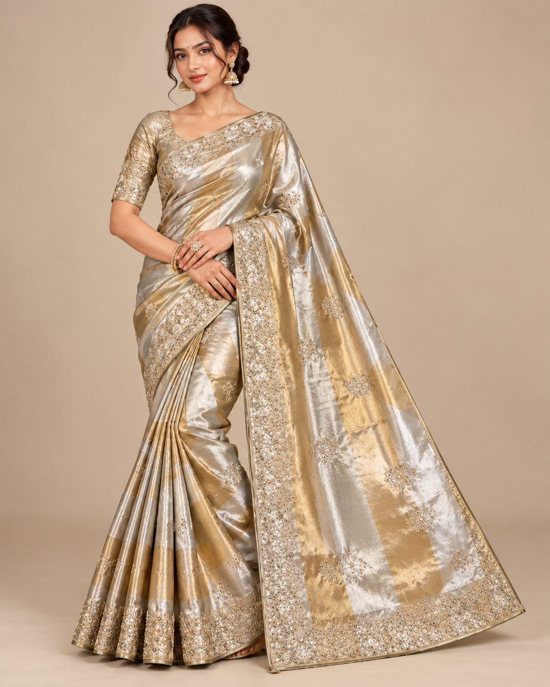 Elegent Gold & Silver Embellished Saree Main image