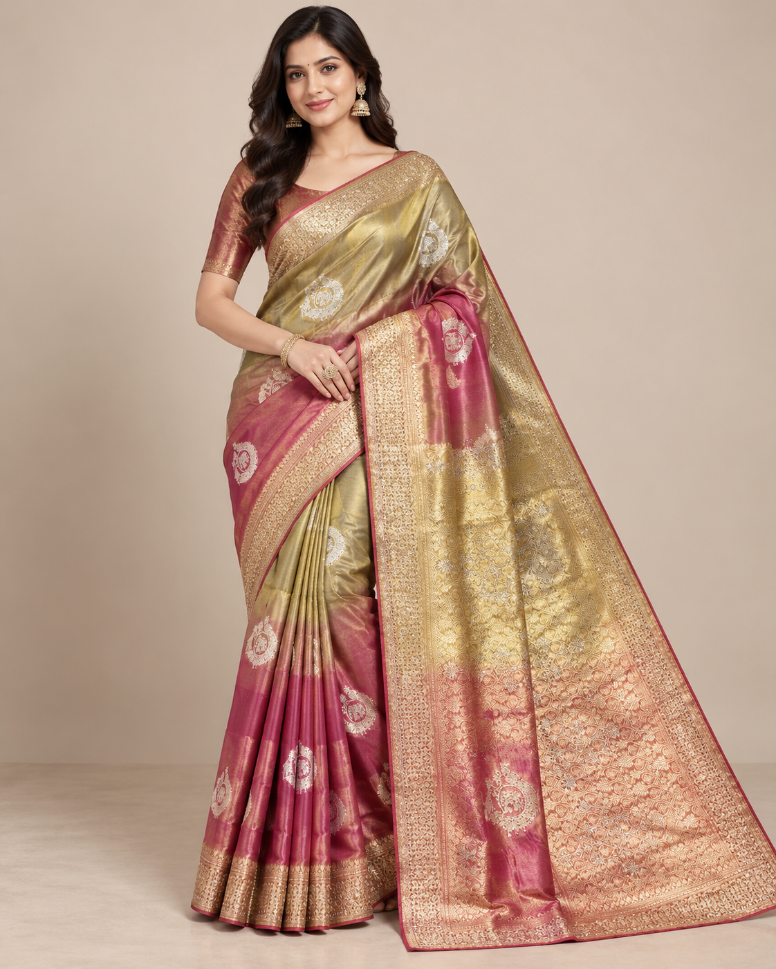 Golden Rose Soft Silk Saree with Woven Motifs