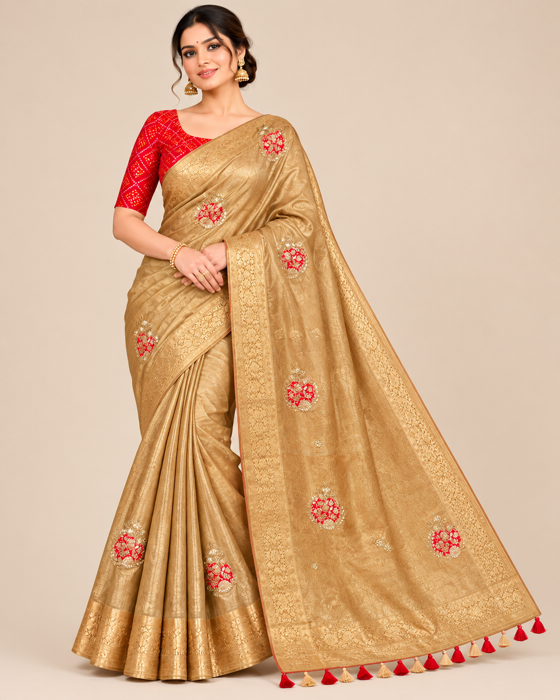 Golden Tissue Silk Saree with Crimson Embroidered Motifs Main image