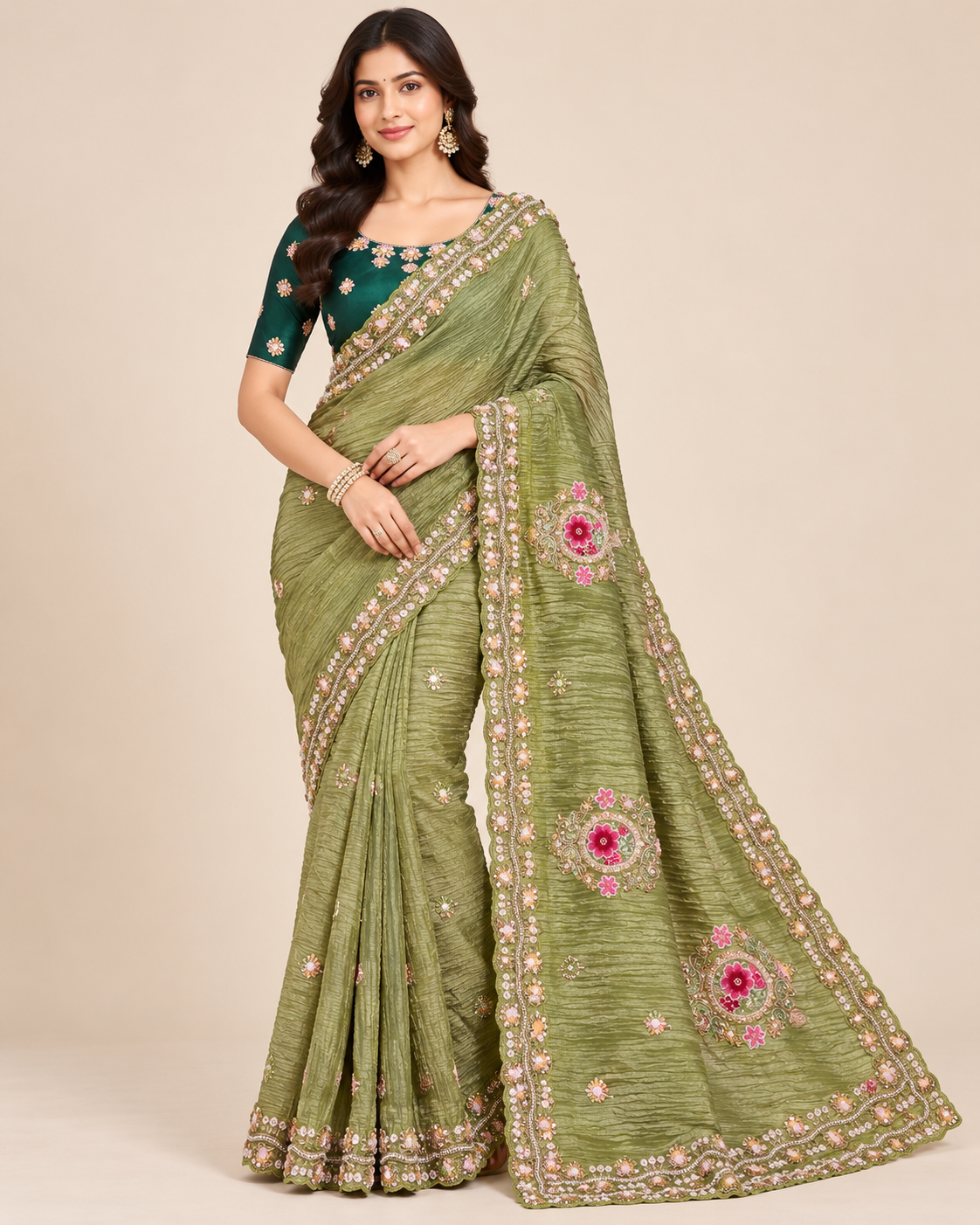 Olive Green Embroidered Saree with Floral Motifs Main image