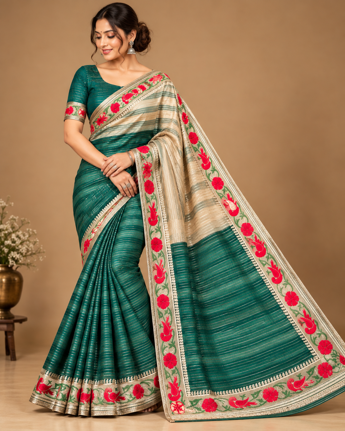 Emerald Green Zari Striped Floral Embroidered Saree Main image