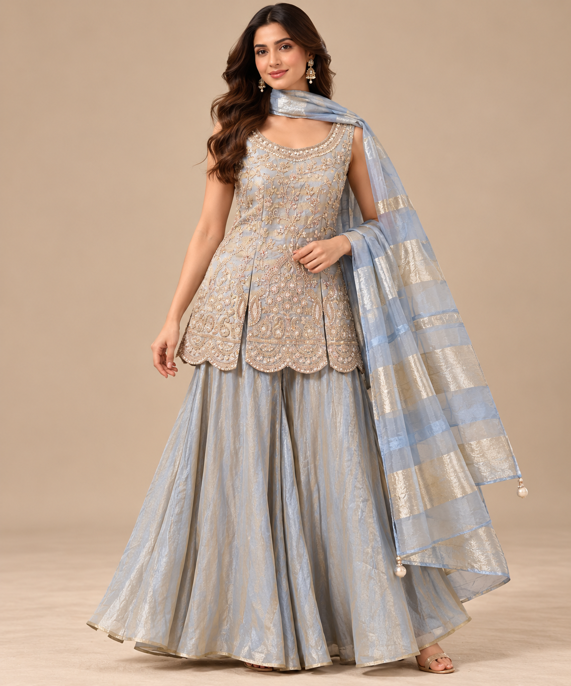 Icy Blue Embroidered Sharara Suit Set Main image