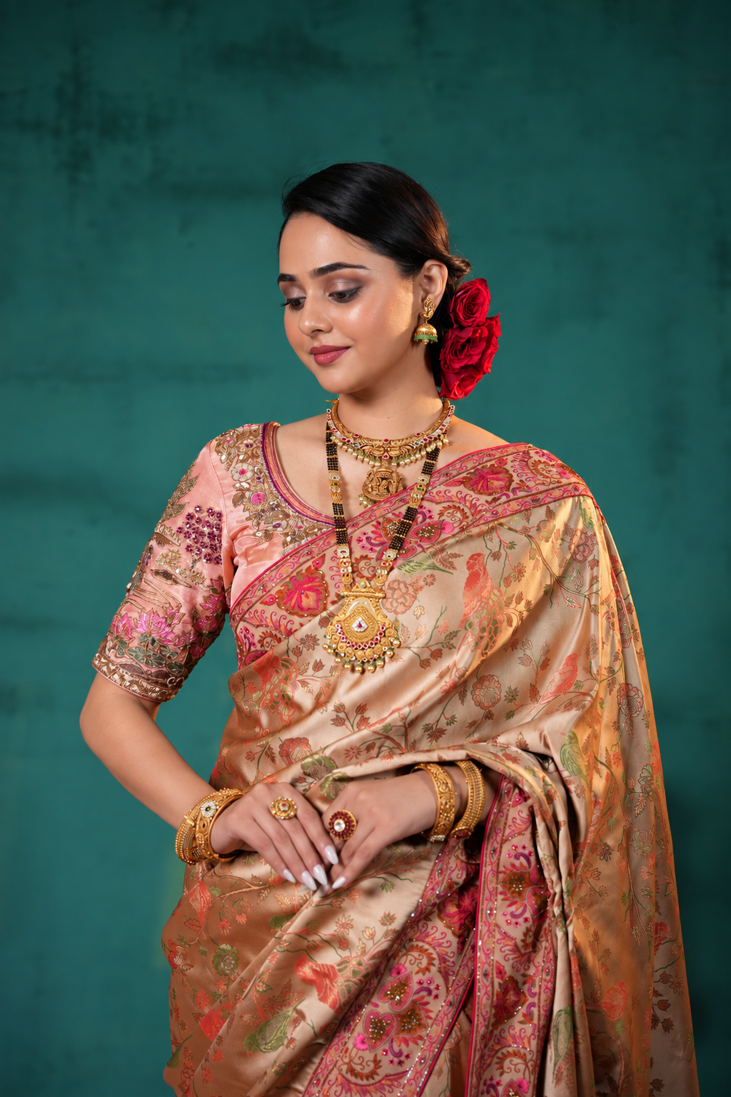 Beige Gold Silk Saree with Multicolour Floral & Bird Motifs Main image