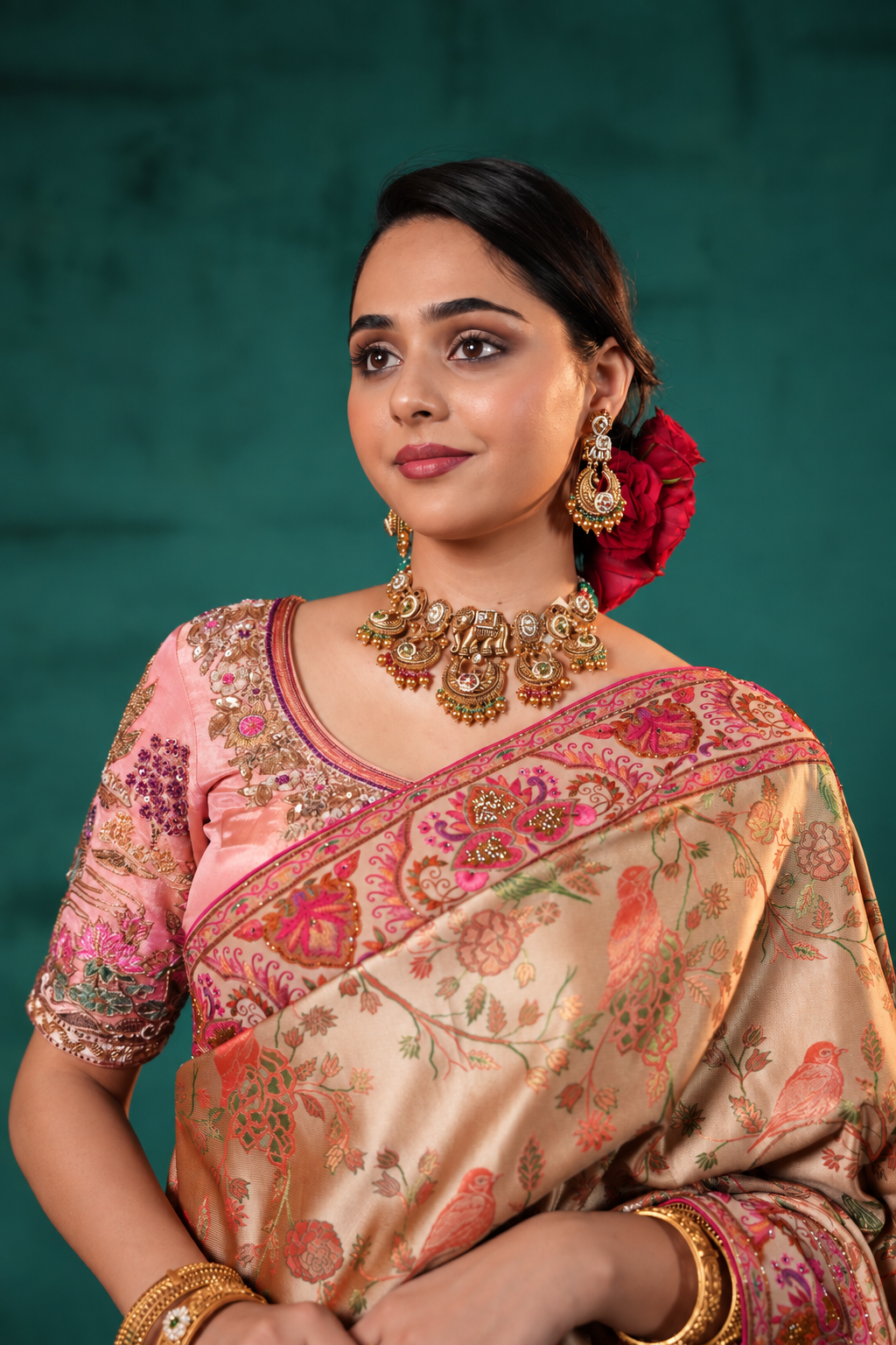 Beige Gold Silk Saree with Multicolour Floral & Bird Motifs Secondary image